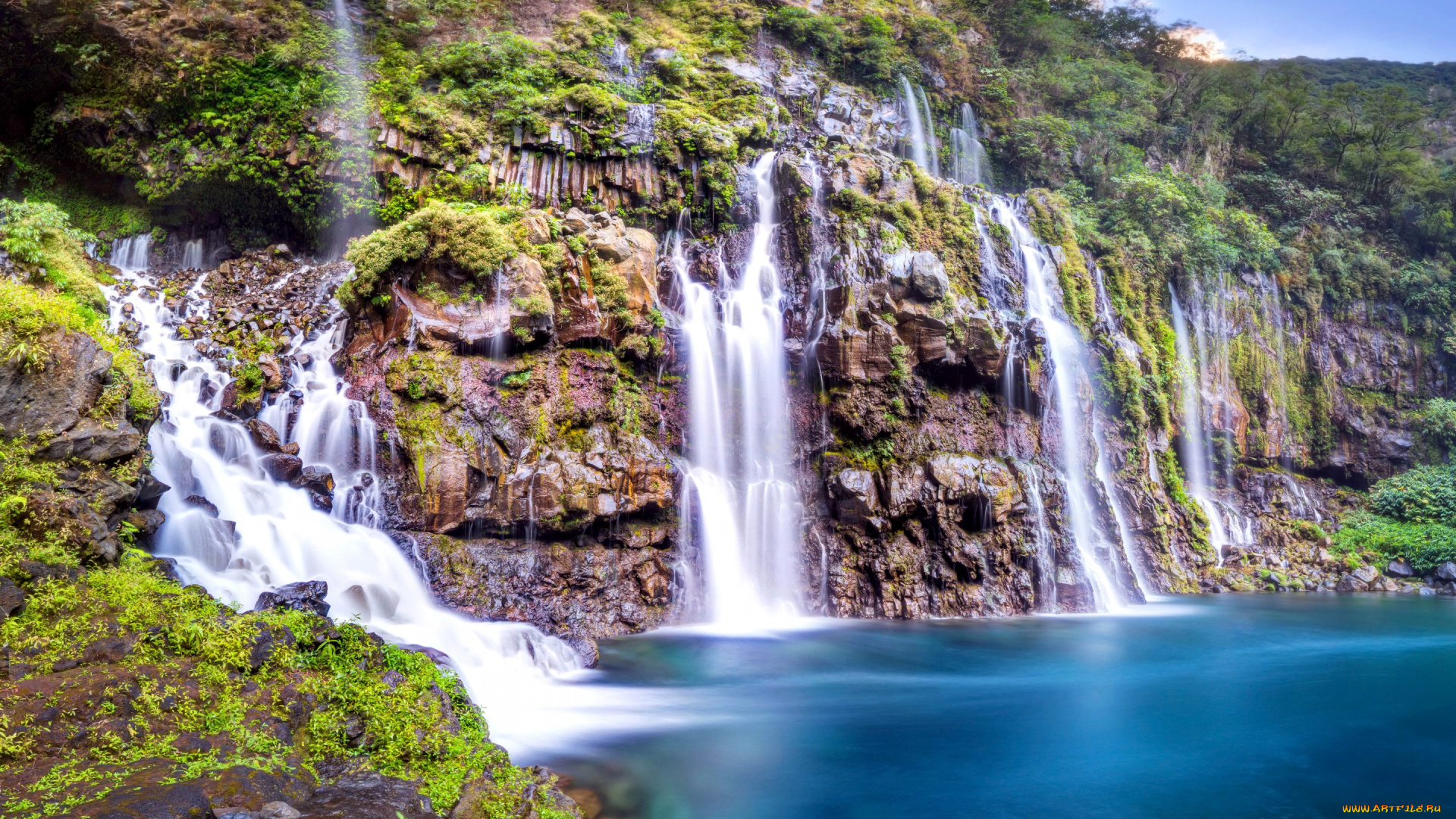 природа, водопады, осень, трава, краски, красота, кусты, деревья, парк