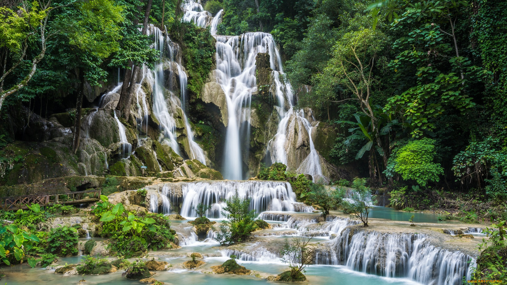 природа, водопады, водопад, лес, деревья, скалы, камни, kuang, si, waterfall, laos