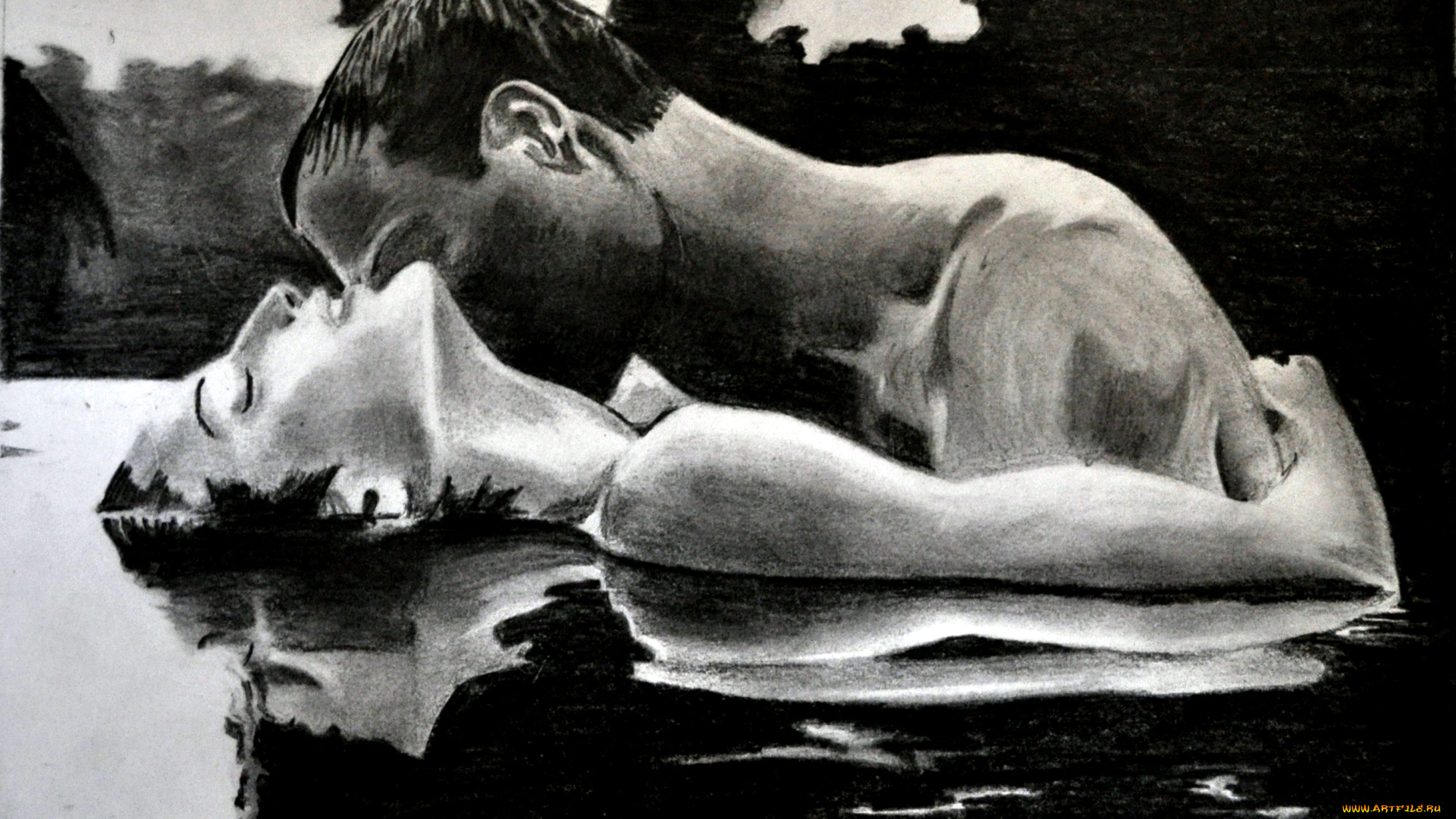рисованное, люди, поцелуй, вода, фон, мужчина, девушка