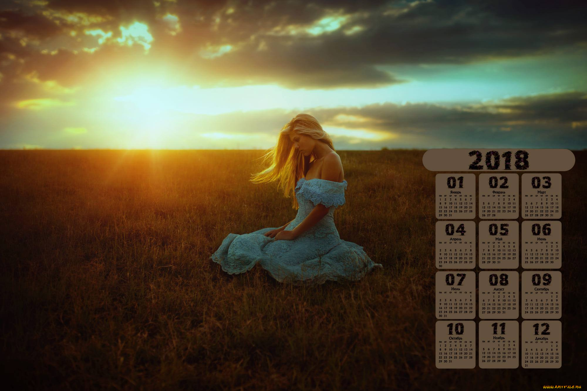 календари, девушки, профиль, трава, облака, солнце, 2018