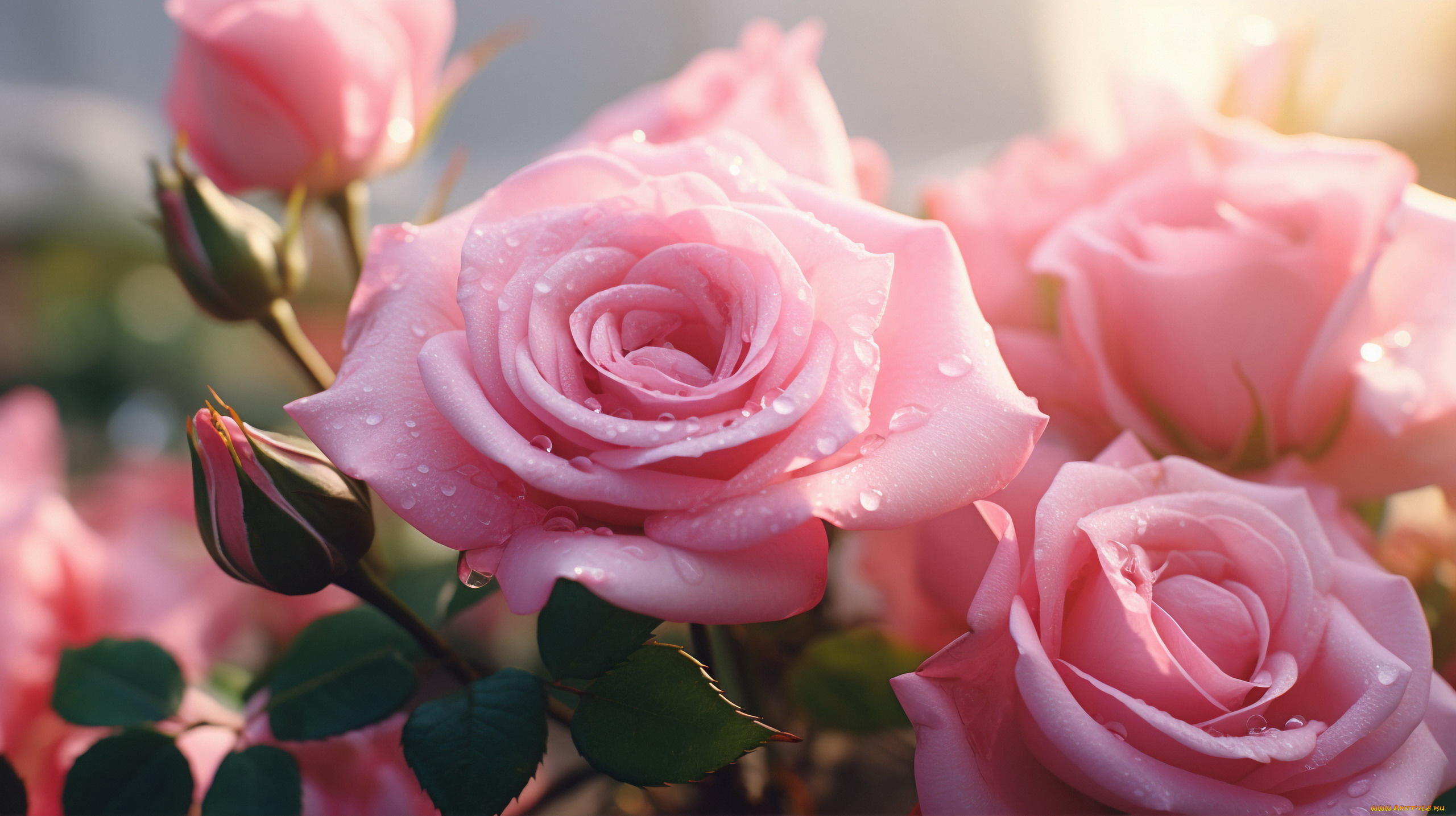 цветы, розы, розовые, капли