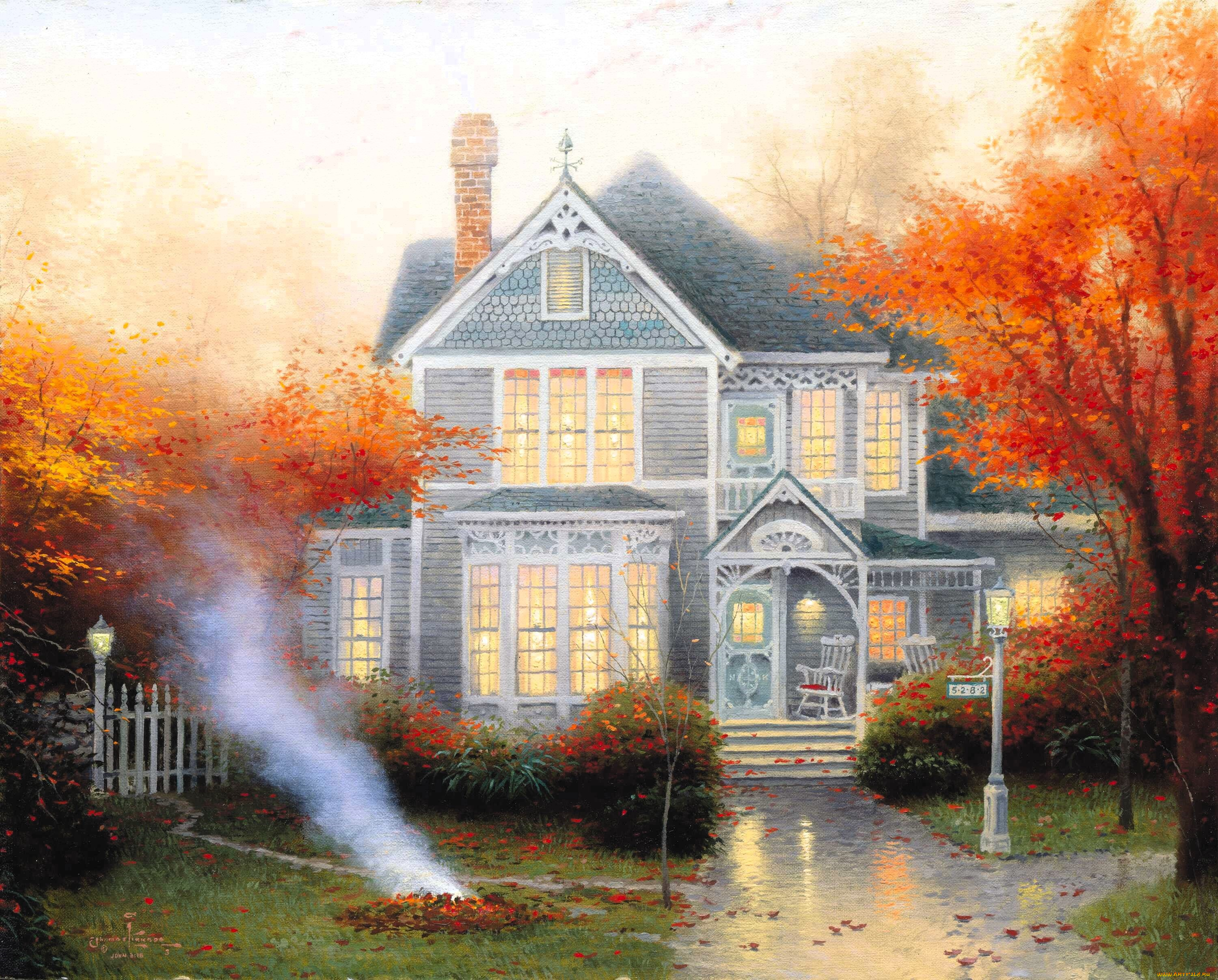 amber, afternoon, рисованное, thomas, kinkade, дом, сад, осень
