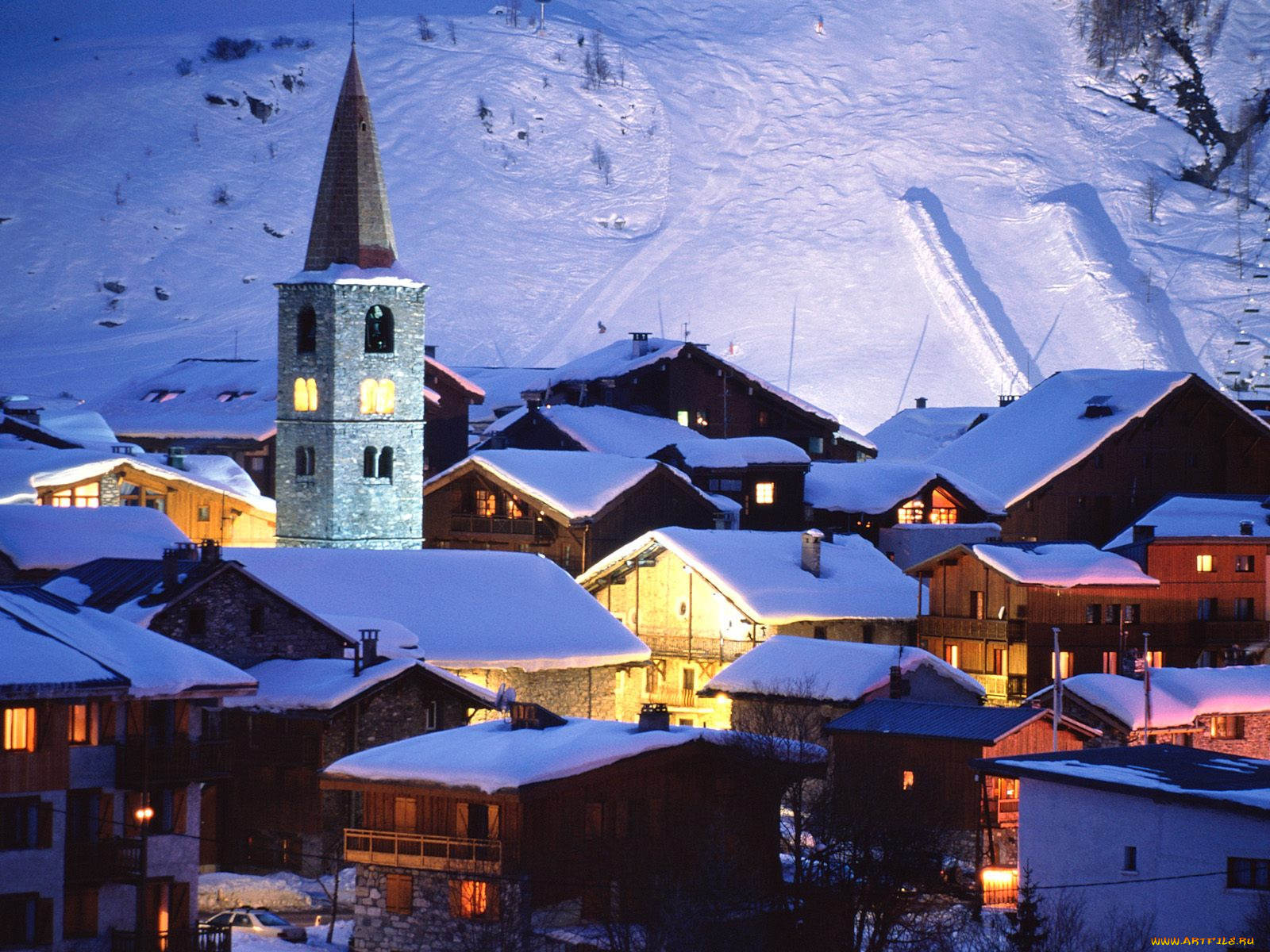 val, d`isere, village, france, города, огни, ночного