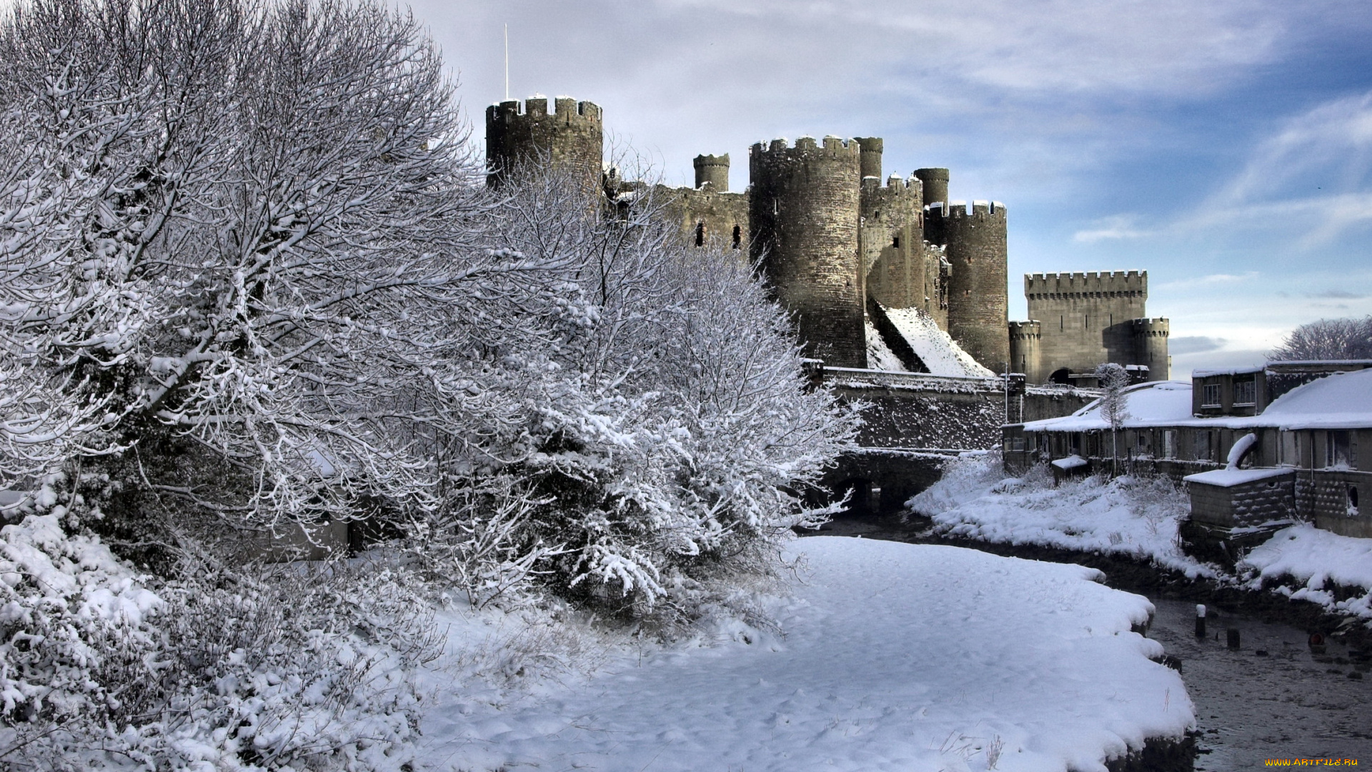 conwy, castle, уэльс, города, дворцы, замки, крепости, снег, зима, башни, река, деревья