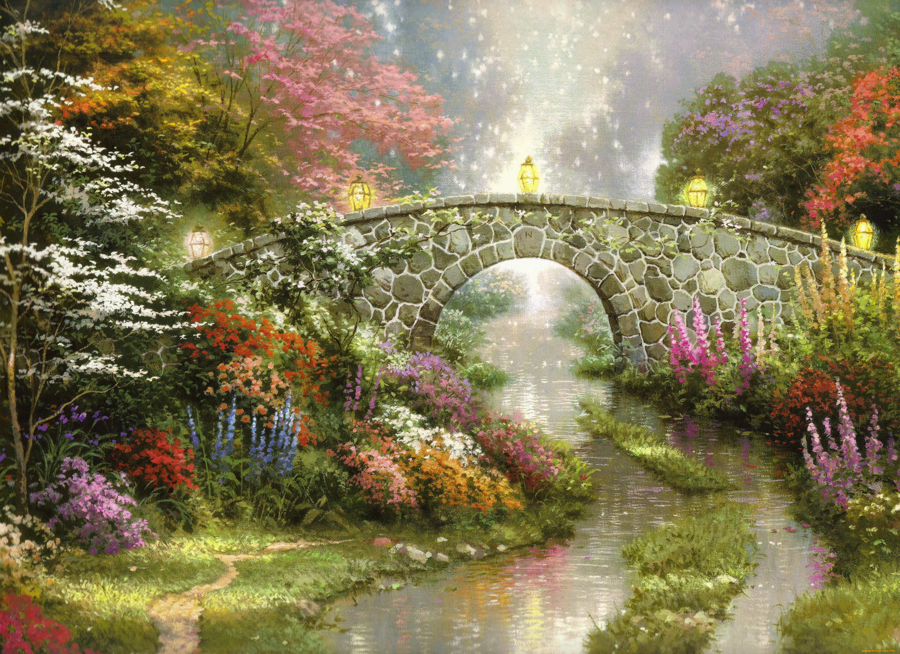 thomas, kinkade, рисованные, пейзаж, цветы, фонари, мост, река