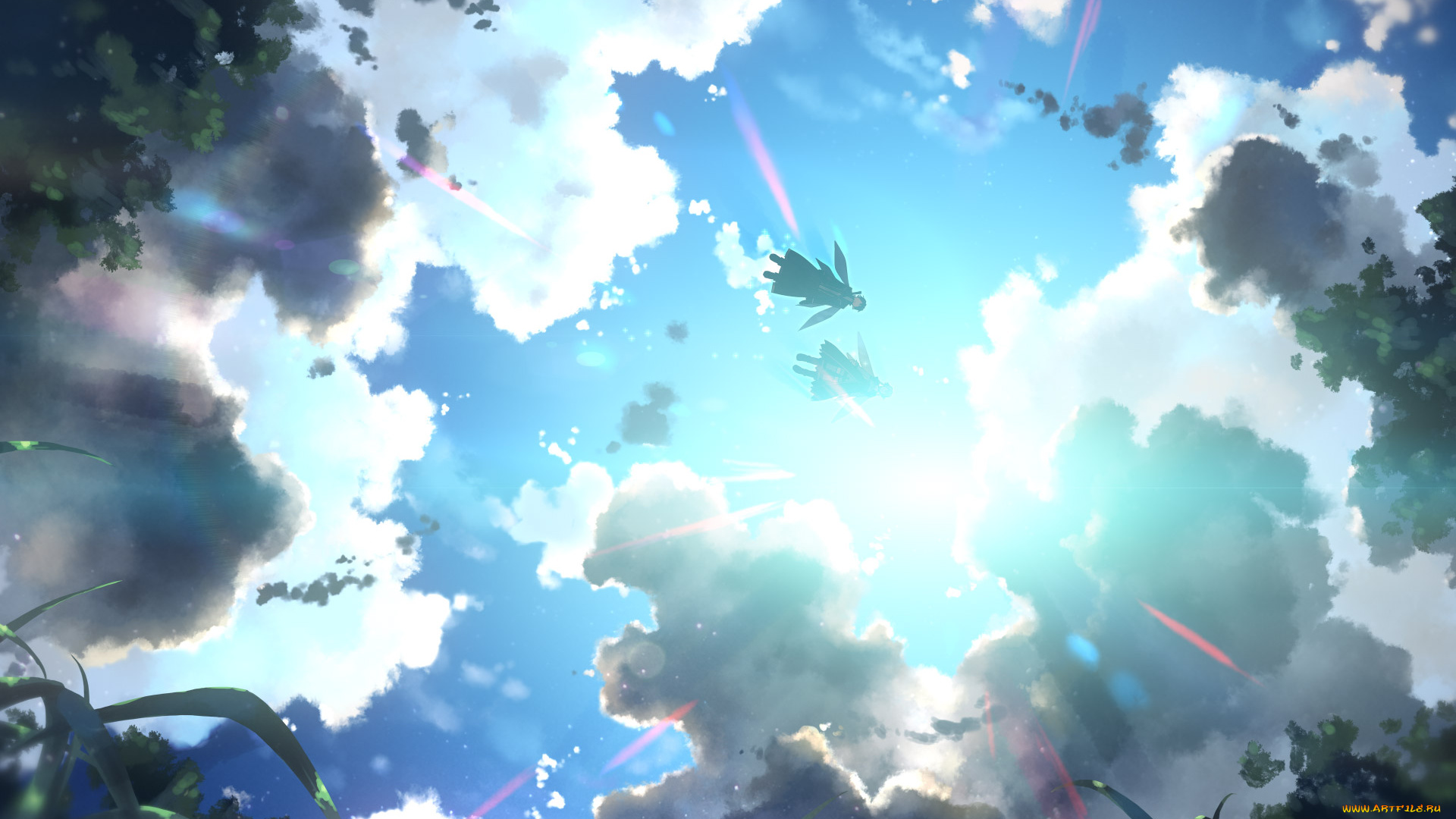 аниме, sword, art, online, yuuki, kazuto, kirigaya, sword, art, online, облака, арт, tatsuya, asuna, небо, полёт