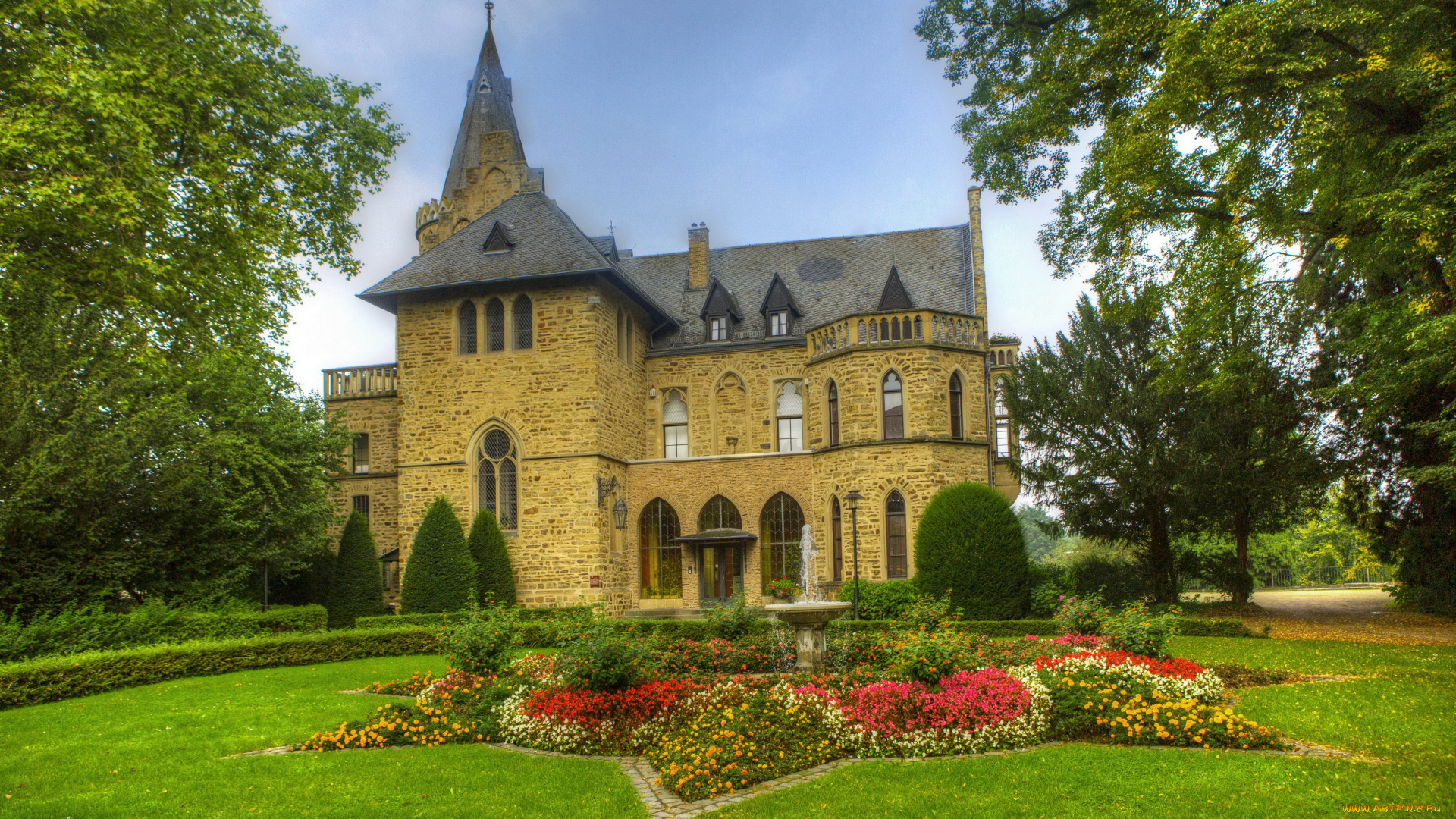 burg, sinzig, германия, города, замки, германии, sinzig, burg, ландшафт, германия, замок, парк, трава, цветы, клумба