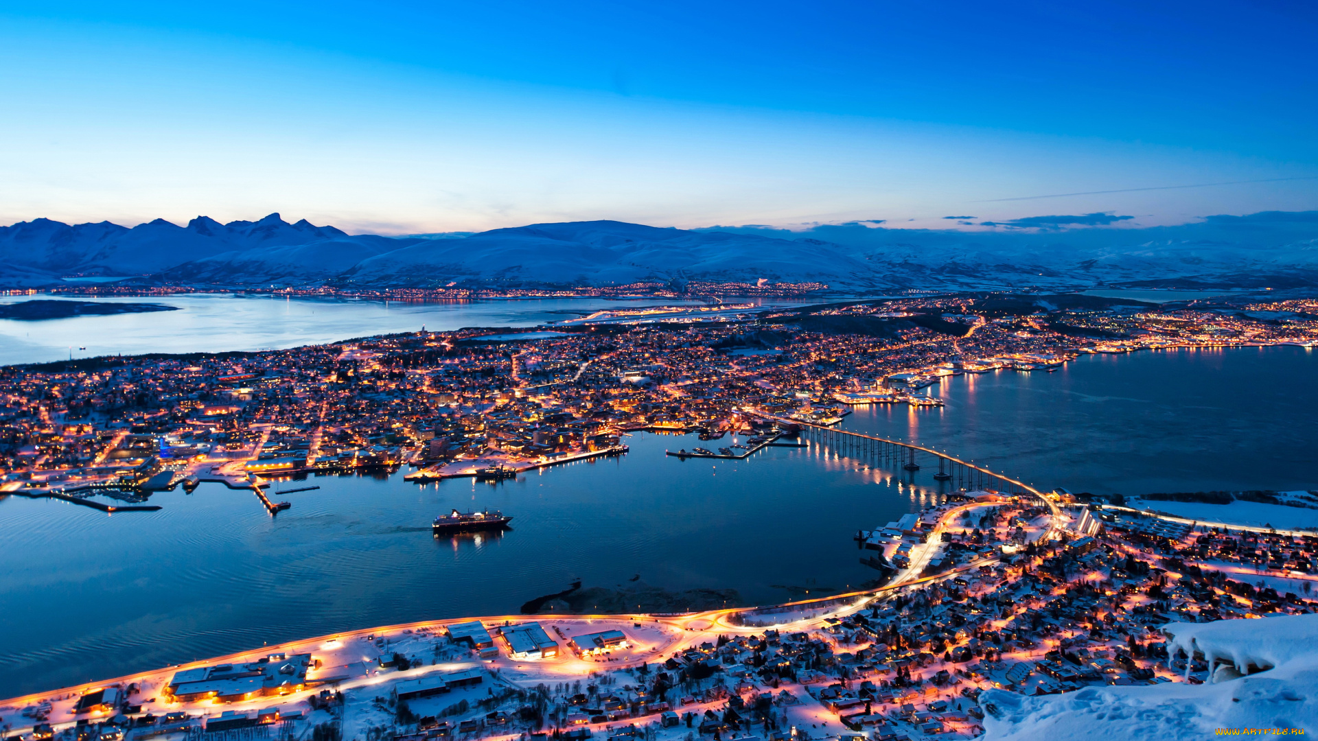 norway, tromso, города, -, огни, ночного, города, ночь, арктика, огни, залив, tromso, дома, norway