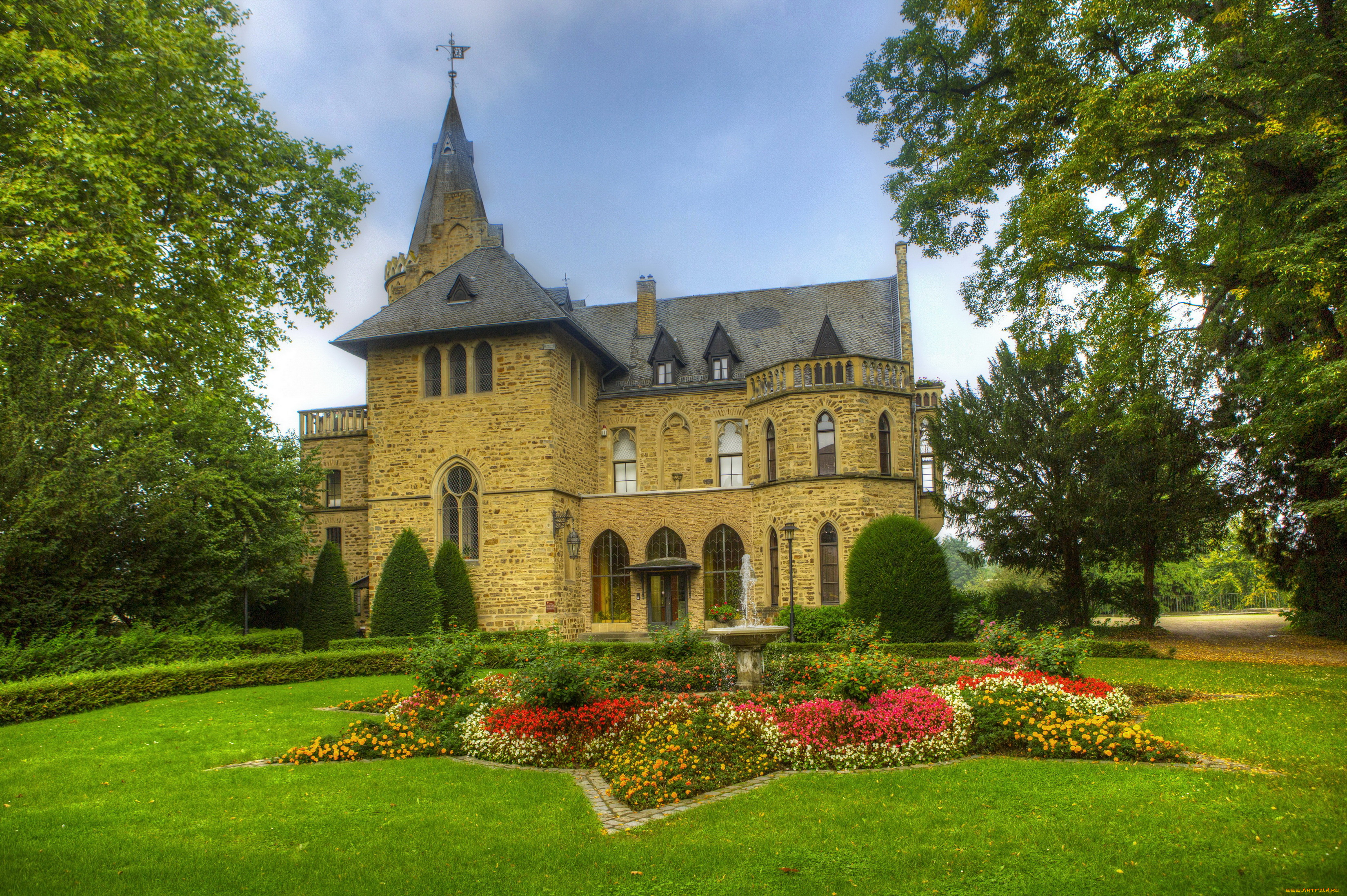 burg, sinzig, германия, города, замки, германии, sinzig, burg, ландшафт, германия, замок, парк, трава, цветы, клумба