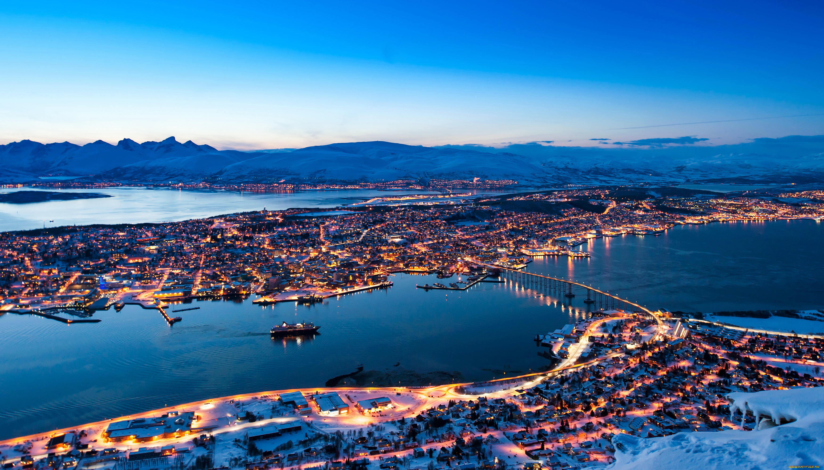 norway, tromso, города, -, огни, ночного, города, ночь, арктика, огни, залив, tromso, дома, norway