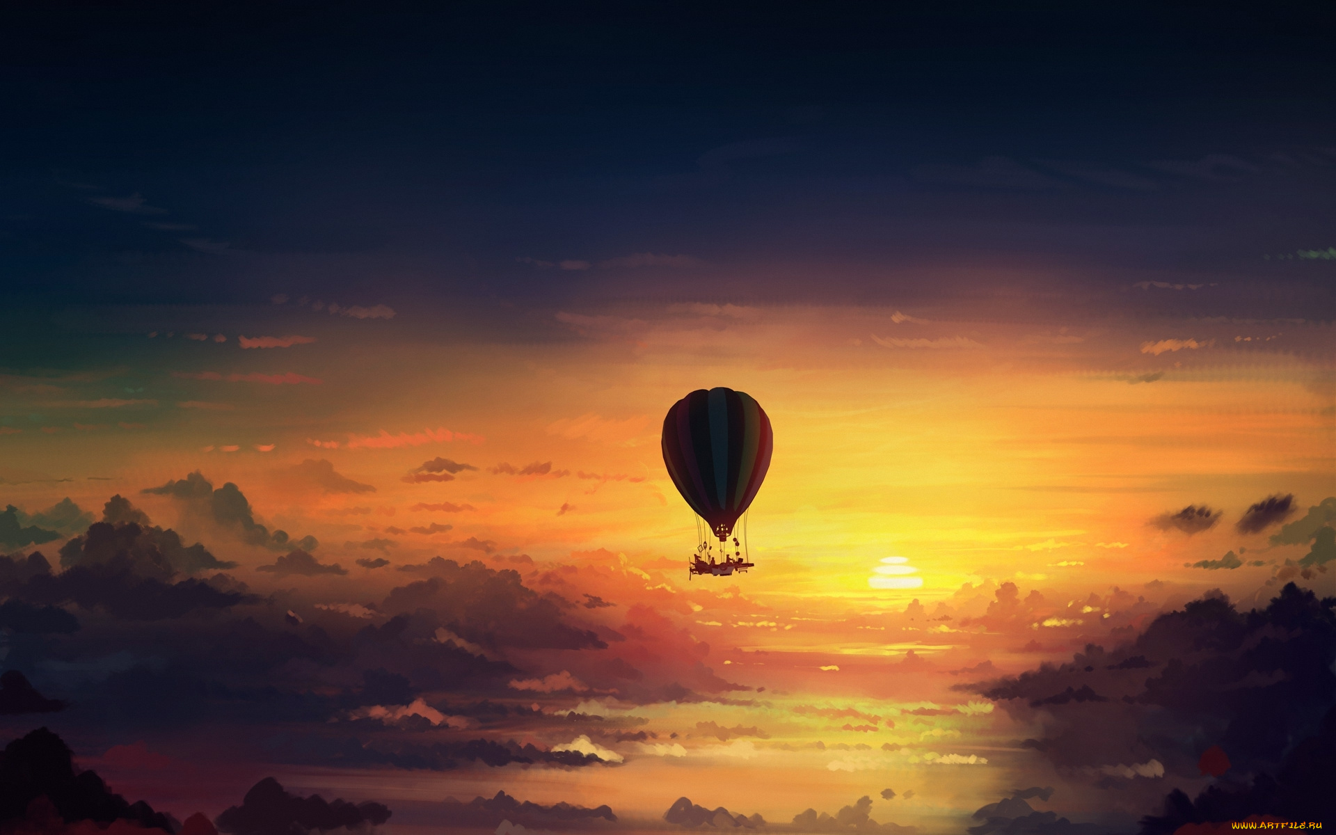 фэнтези, романтика, апокалипсиса, art, apocalypse, hot, air, balloon, romantically, apocalyptic, alexiuss, закат, облака, небо