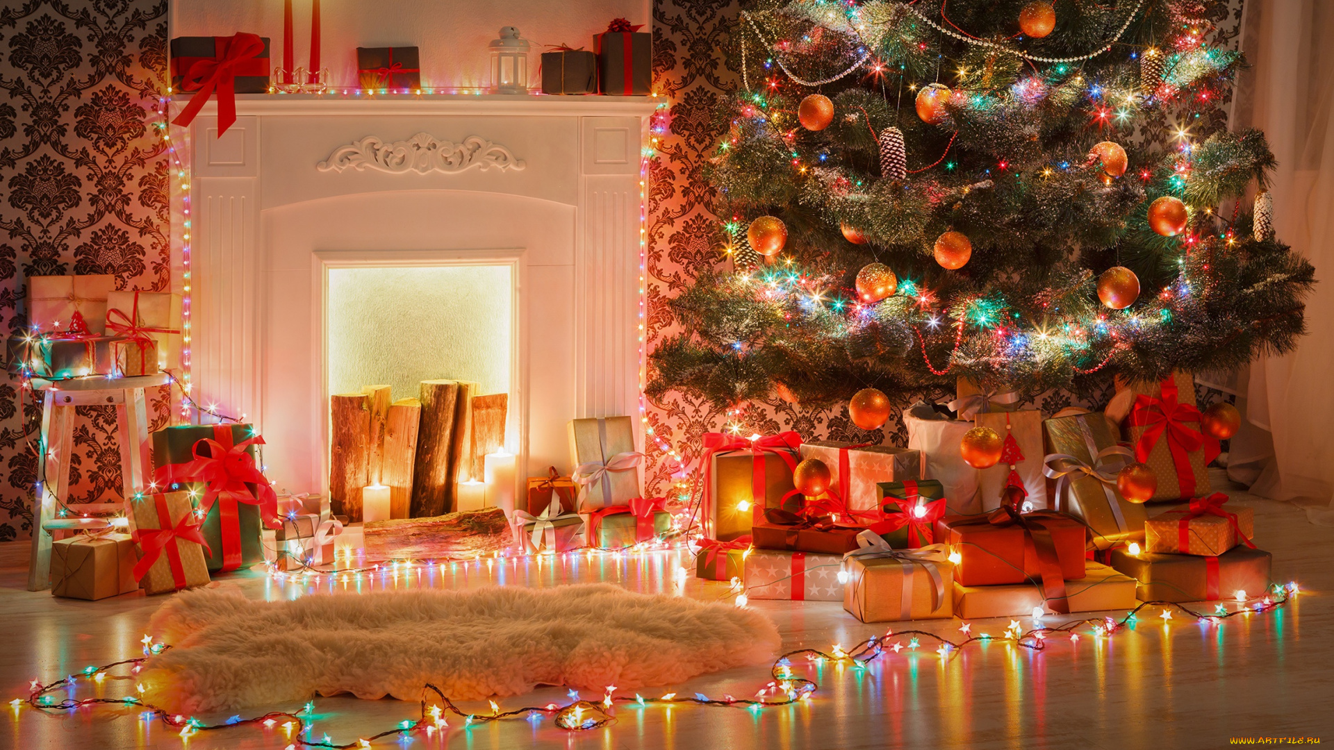праздничные, новогодний, очаг, украшения, игрушки, елка, настроение, свечи, гирлянда, подарки