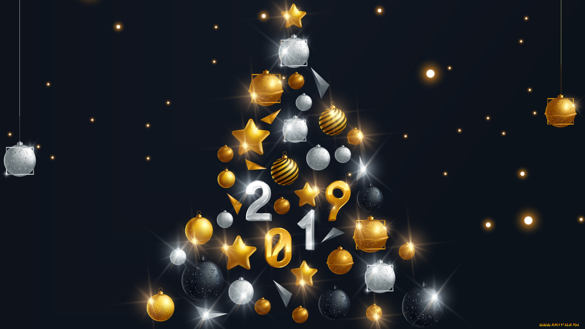 с, новым, 2019, годом, праздничные, 3д, графика, , новый, год, новогодняя, елка, 4к, золотые, украшения, из, шариков, с, новым, годом