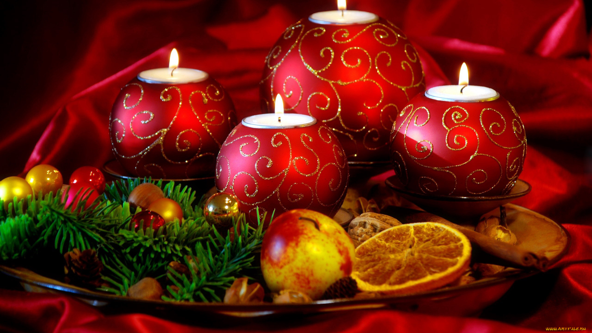 праздничные, новогодние, свечи, композиция, свечи, шарики