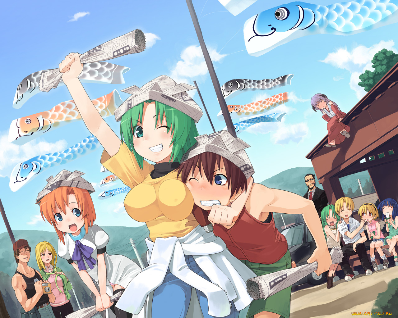 аниме, higurashi, no, naku, koro, ni, ryuuguu, rena, sonozaki, mion, shion, houjou, satoko, maebara, keiichi, furude, rika, hanyuu, satoshi, takano, miyo