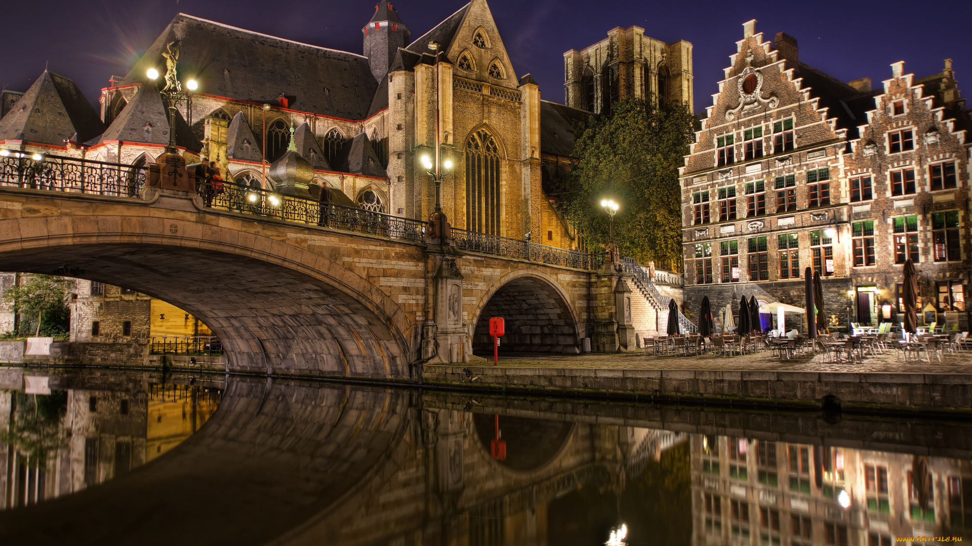 gent, belgium, города, огни, ночного, мост