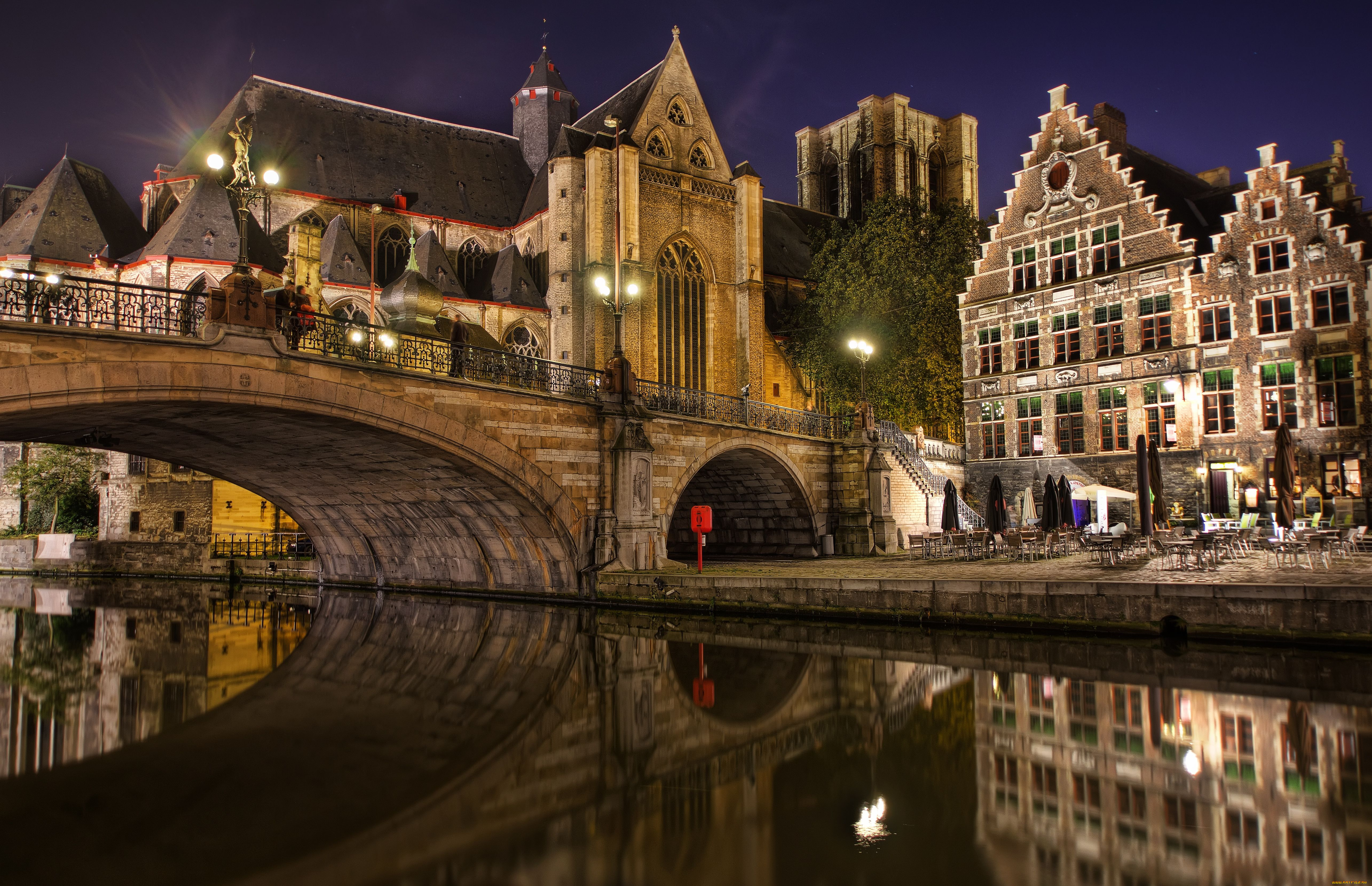 gent, belgium, города, огни, ночного, мост
