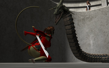 Картинка 3д+графика fantasy+ фантазия меч дракон девушка кошка