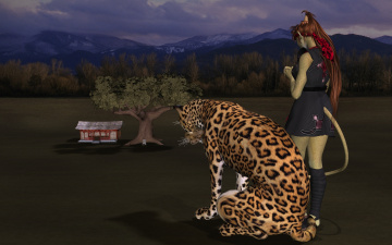 Картинка 3д+графика fantasy+ фантазия тигр горы девушка кошка дерево дом
