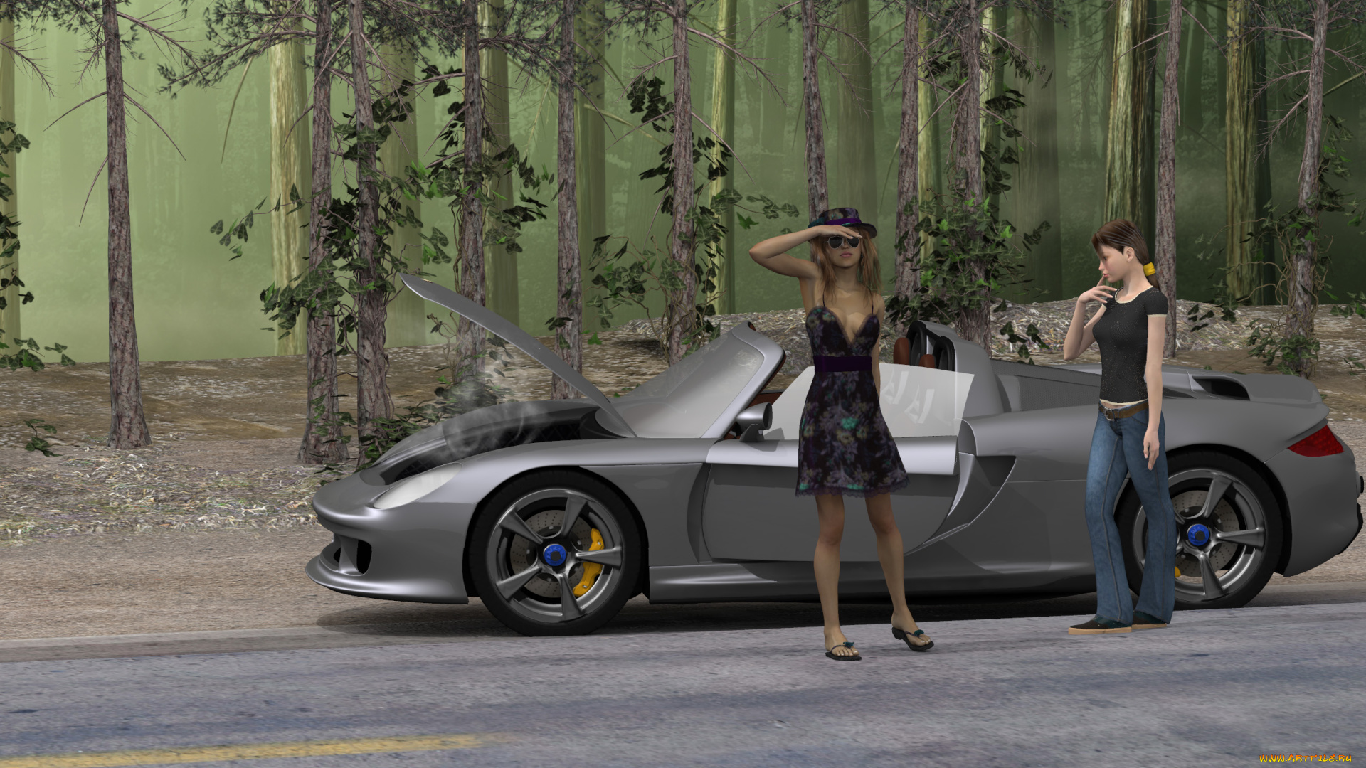 автомобили, 3d, car&girl, девушки, взгляд, фон, автомобиль