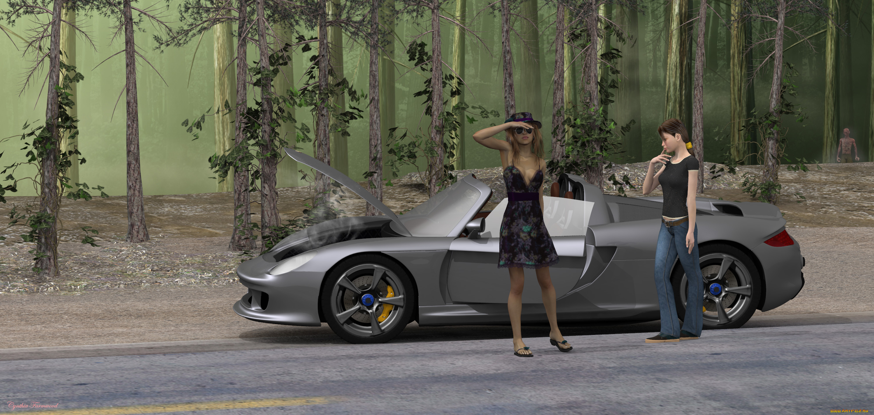 автомобили, 3d, car&girl, девушки, взгляд, фон, автомобиль