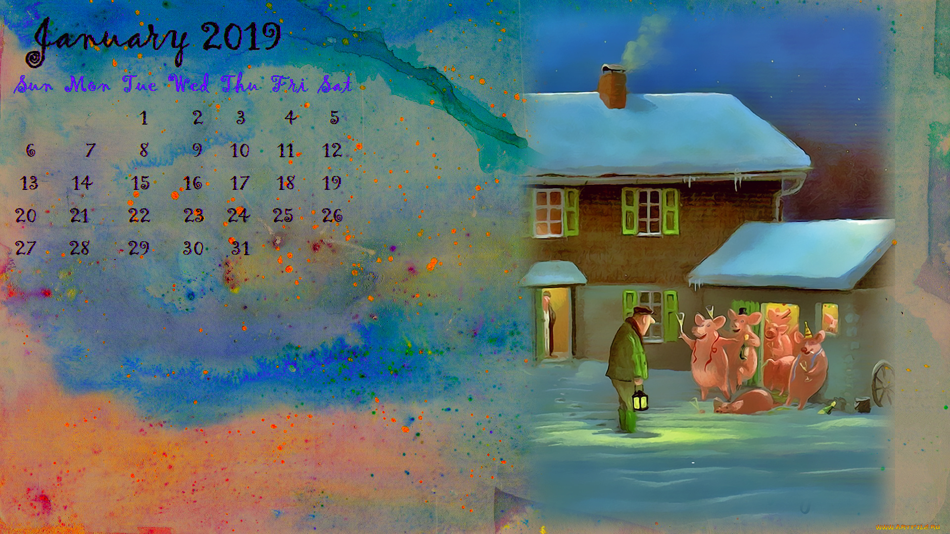 календари, праздники, , салюты, дом, свинья, фонарь, поросенок, мужчина