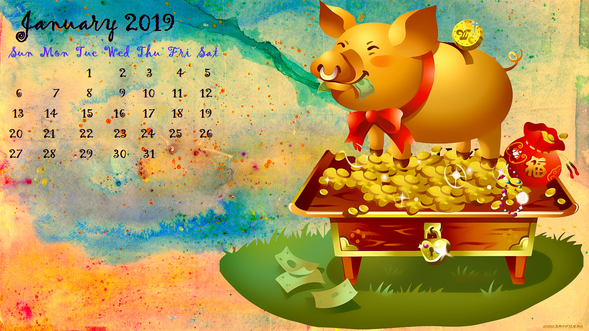 календари, праздники, , салюты, золото, поросенок, деньги, свинья, монета