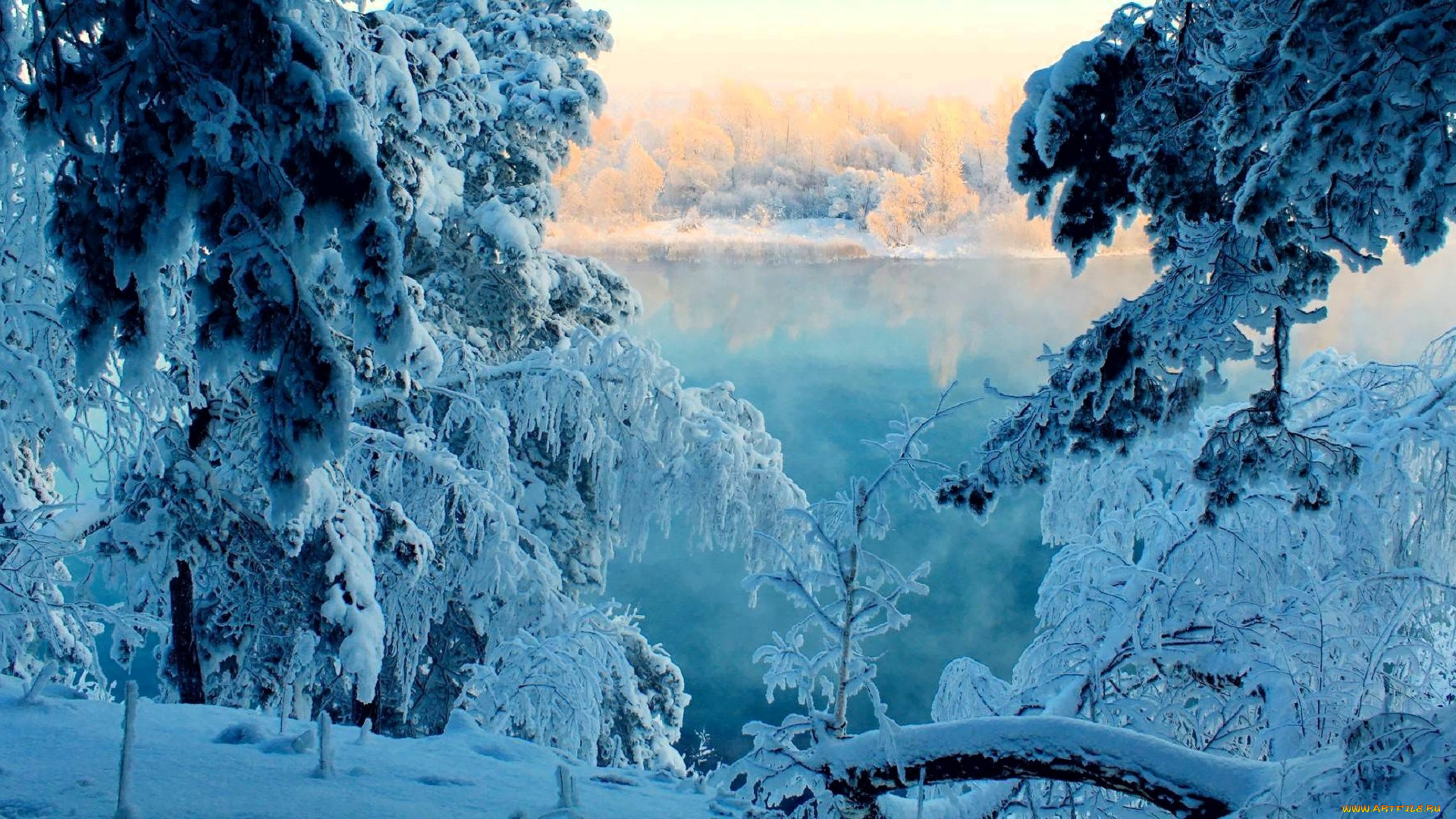 природа, зима, снег, деревья, река