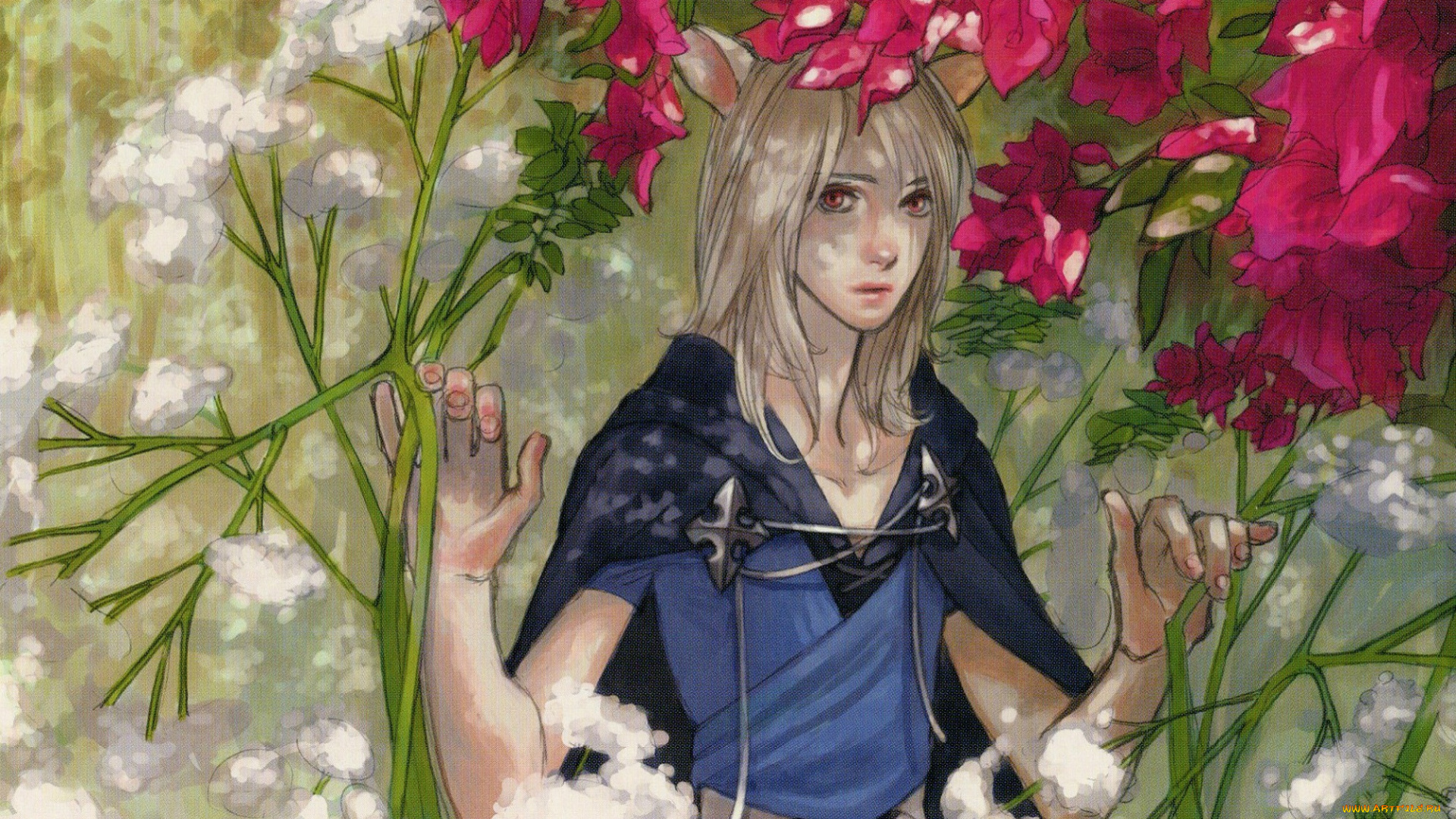 аниме, lamento, art, kazuaki, visual, novel, konoe, демон, ушки, цветы, заросли, плащ