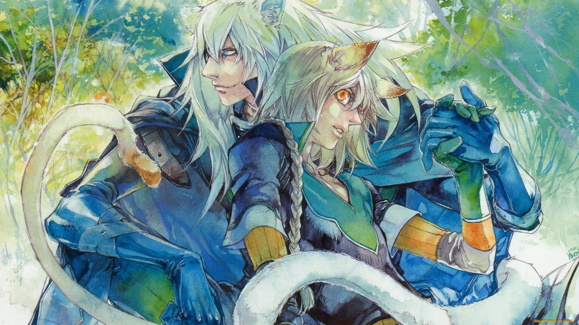 аниме, lamento, kazuaki, art, перчатки, коса, хвост, уши, друзья, двое, kanoe, rai