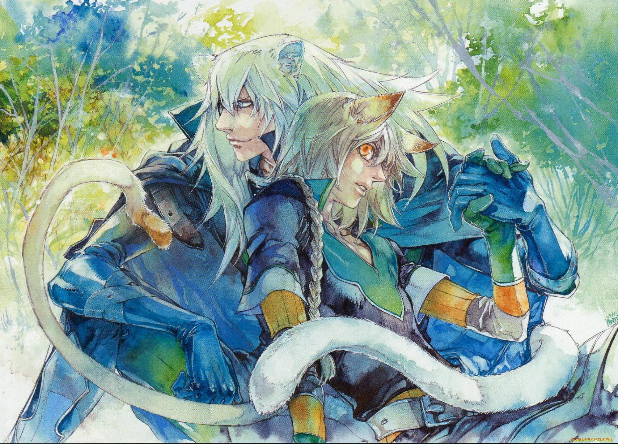 аниме, lamento, kazuaki, art, перчатки, коса, хвост, уши, друзья, двое, kanoe, rai