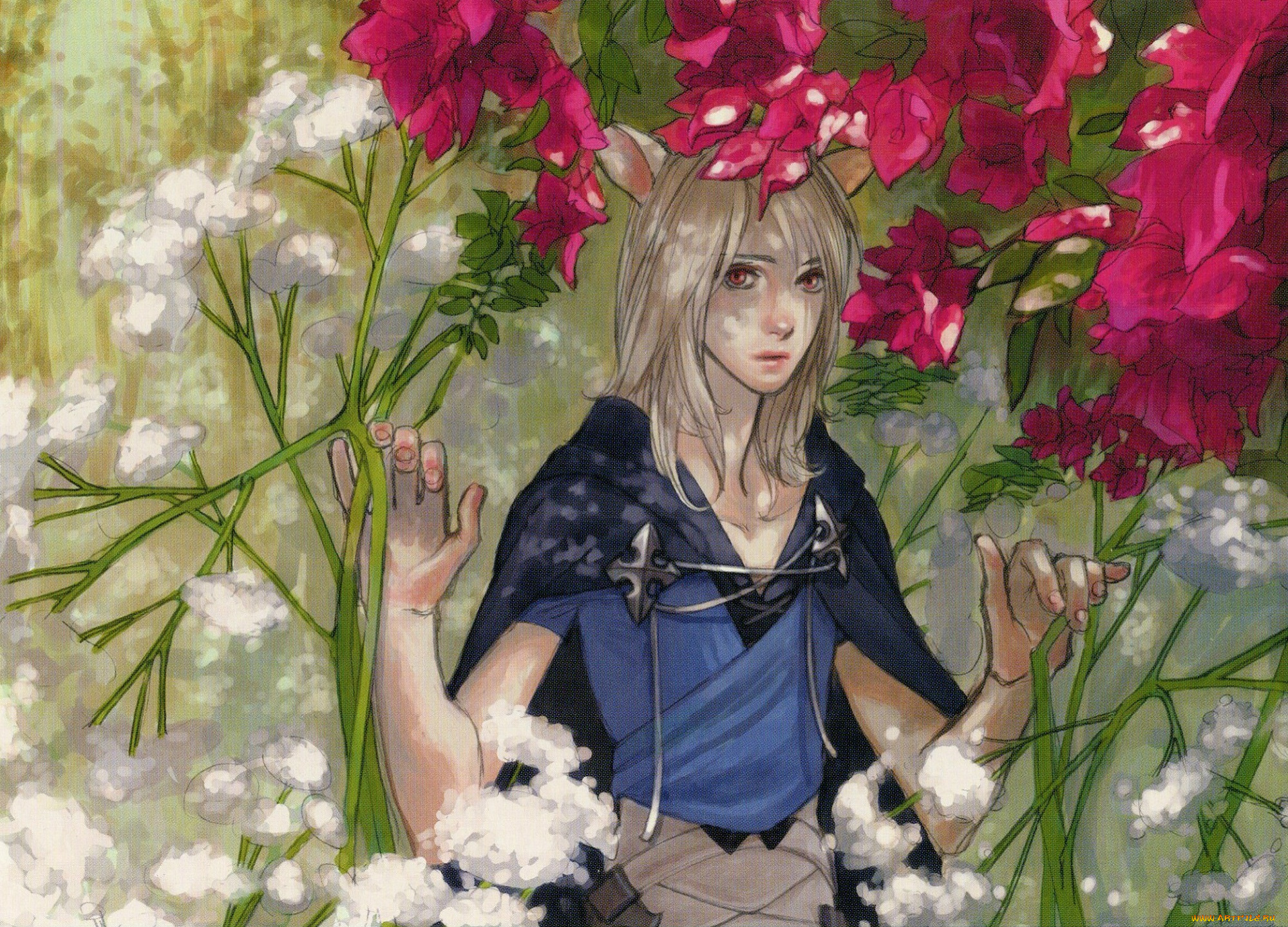 аниме, lamento, art, kazuaki, visual, novel, konoe, демон, ушки, цветы, заросли, плащ