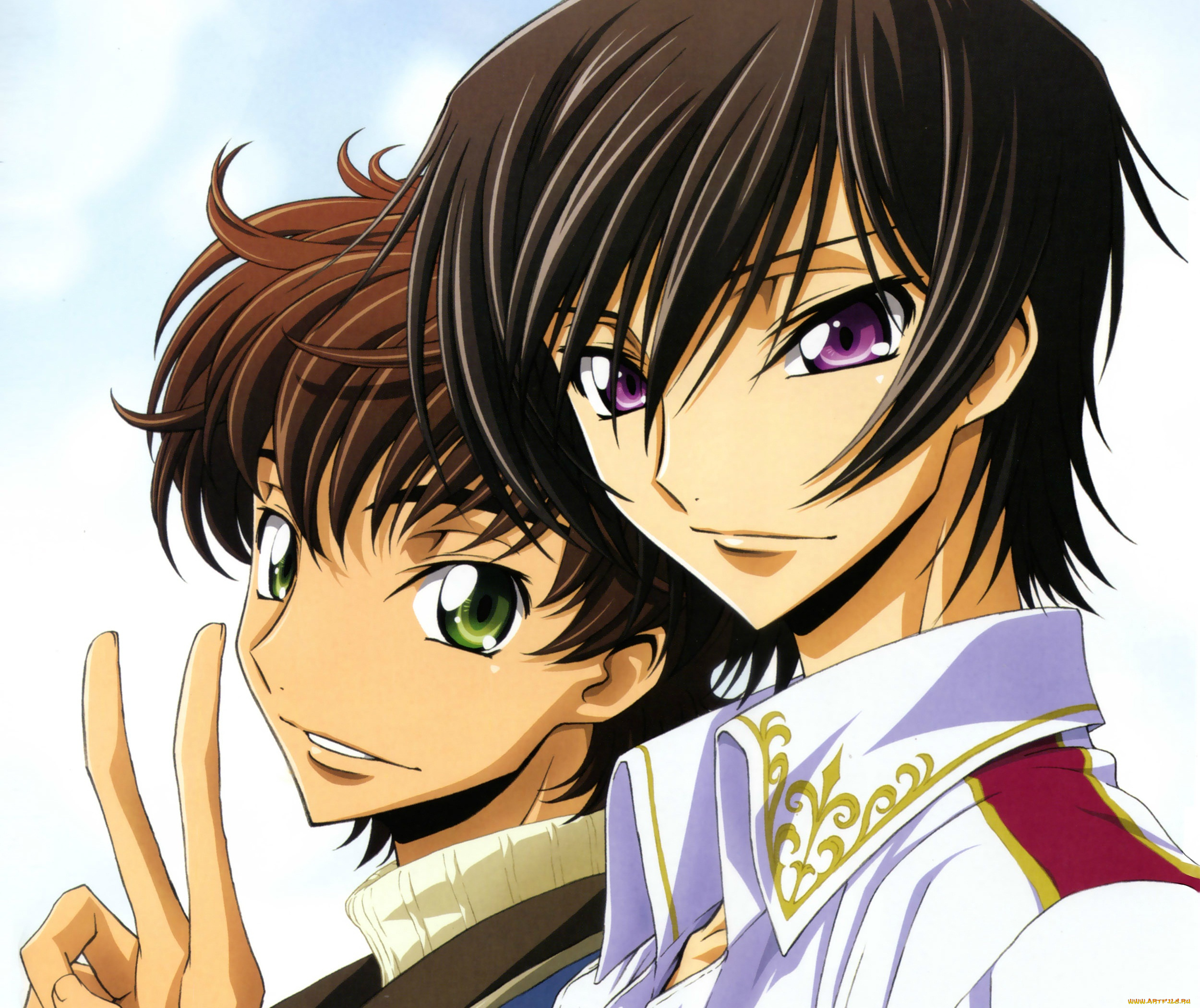 аниме, code, geass, art, takahiro, himura, code, geass, lelouch, lamperouge, suzaku, kururugi, друзья, жест, улыбка