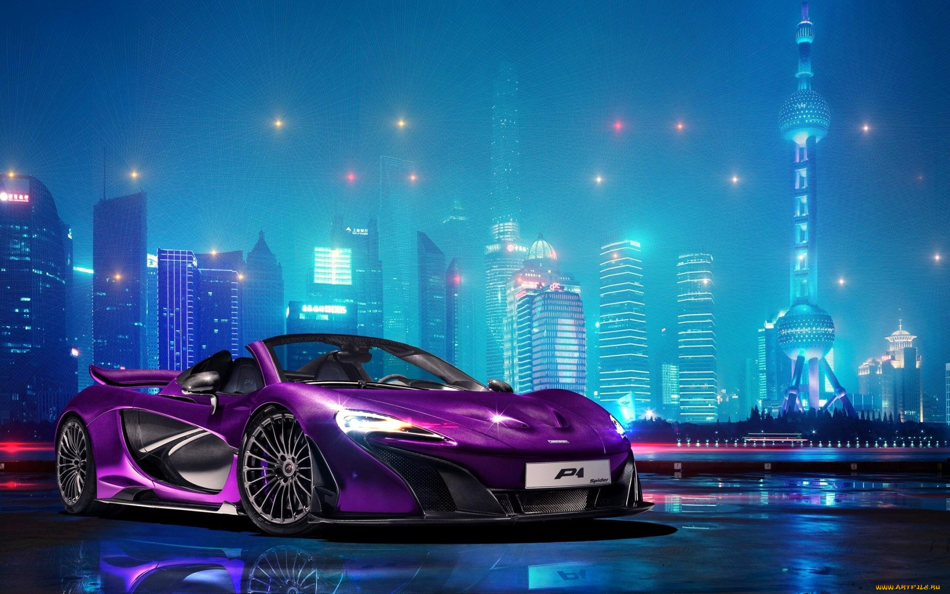 автомобили, mclaren, p1, фиолетовый, макларен, город, огни