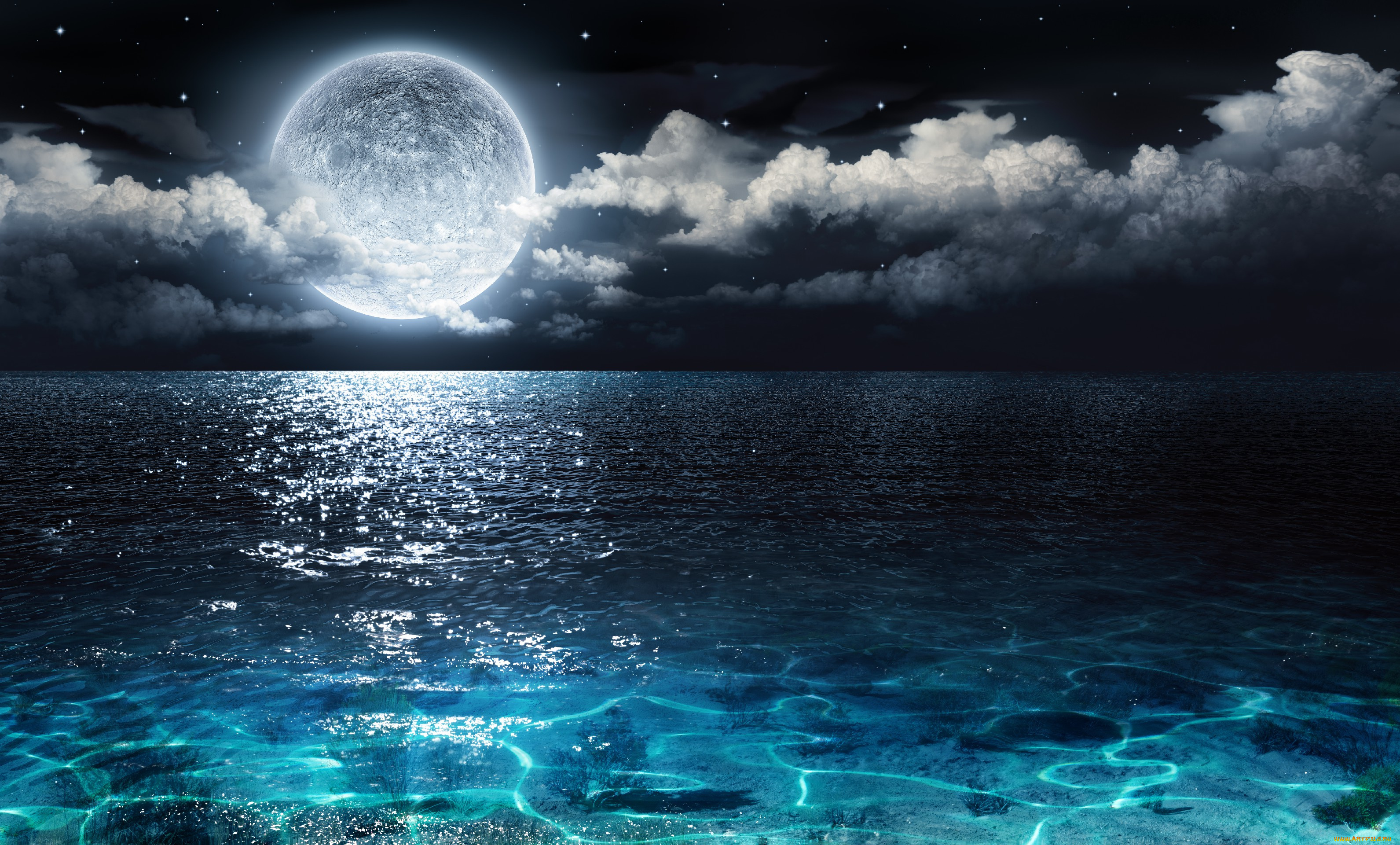 природа, ночь, облака, луна, вода, полнолуние