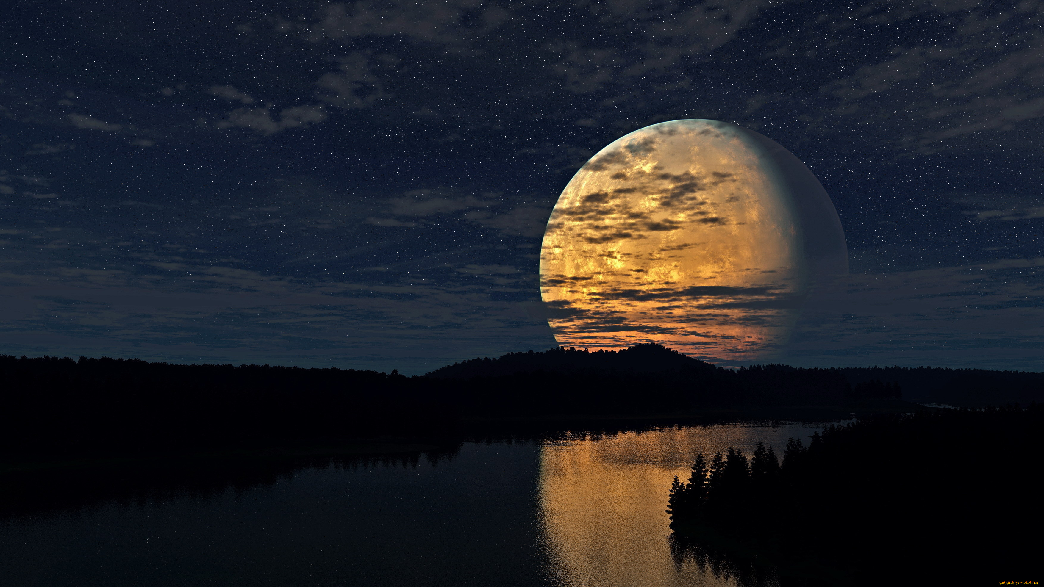 природа, ночь, луна, река, отражение, лес, облака, звёзды