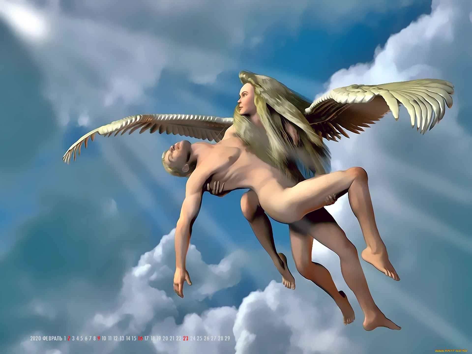 календари, 3д-графика, ангел, крылья, мужчина, полет, облака, небо, calendar, 2020