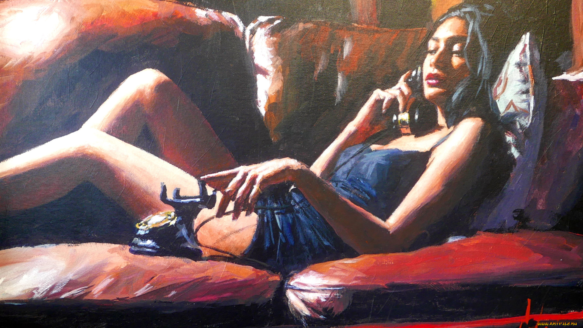 рисованное, fabian, perez, женщина, телефон, диван