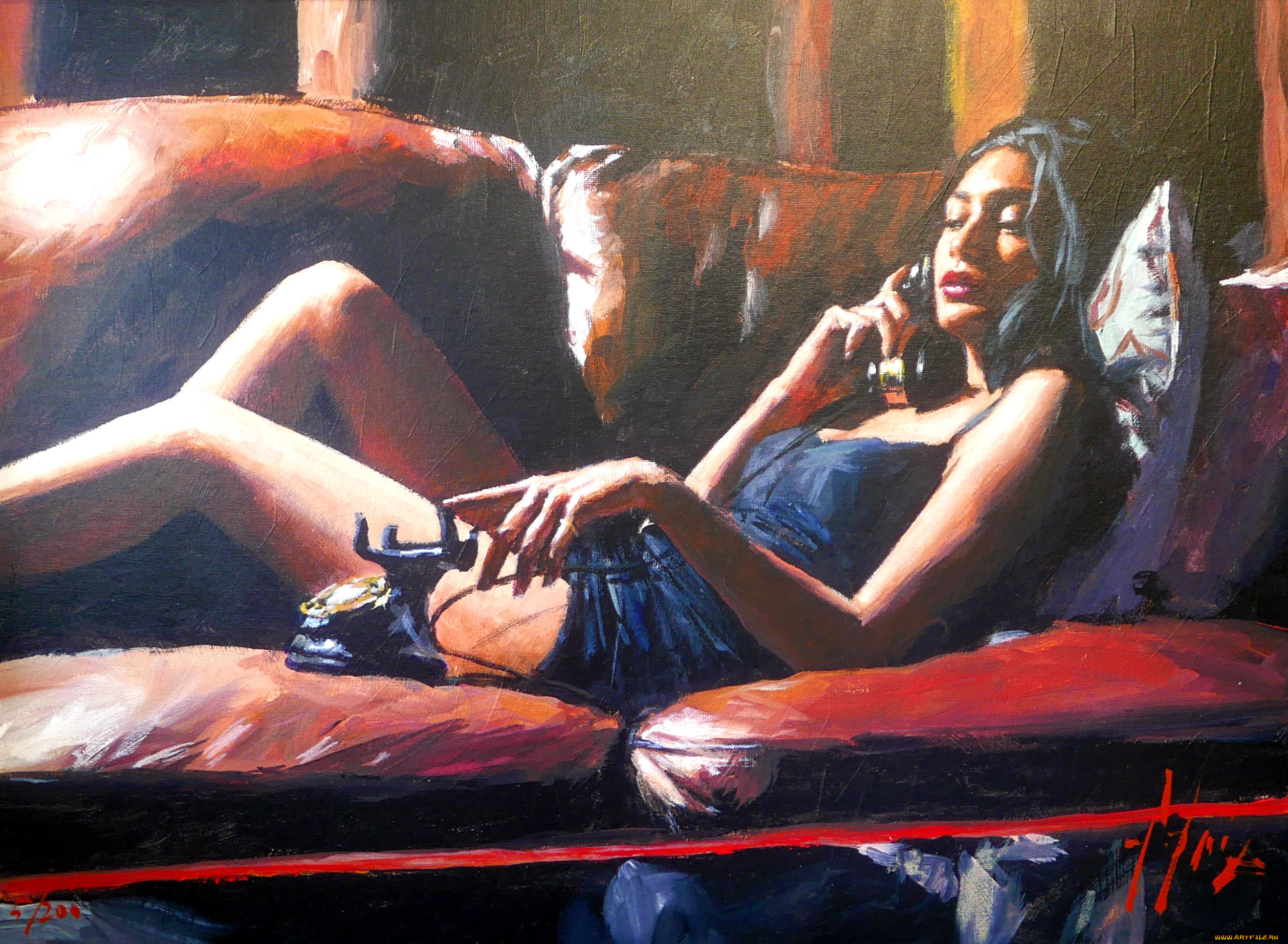 рисованное, fabian, perez, женщина, телефон, диван