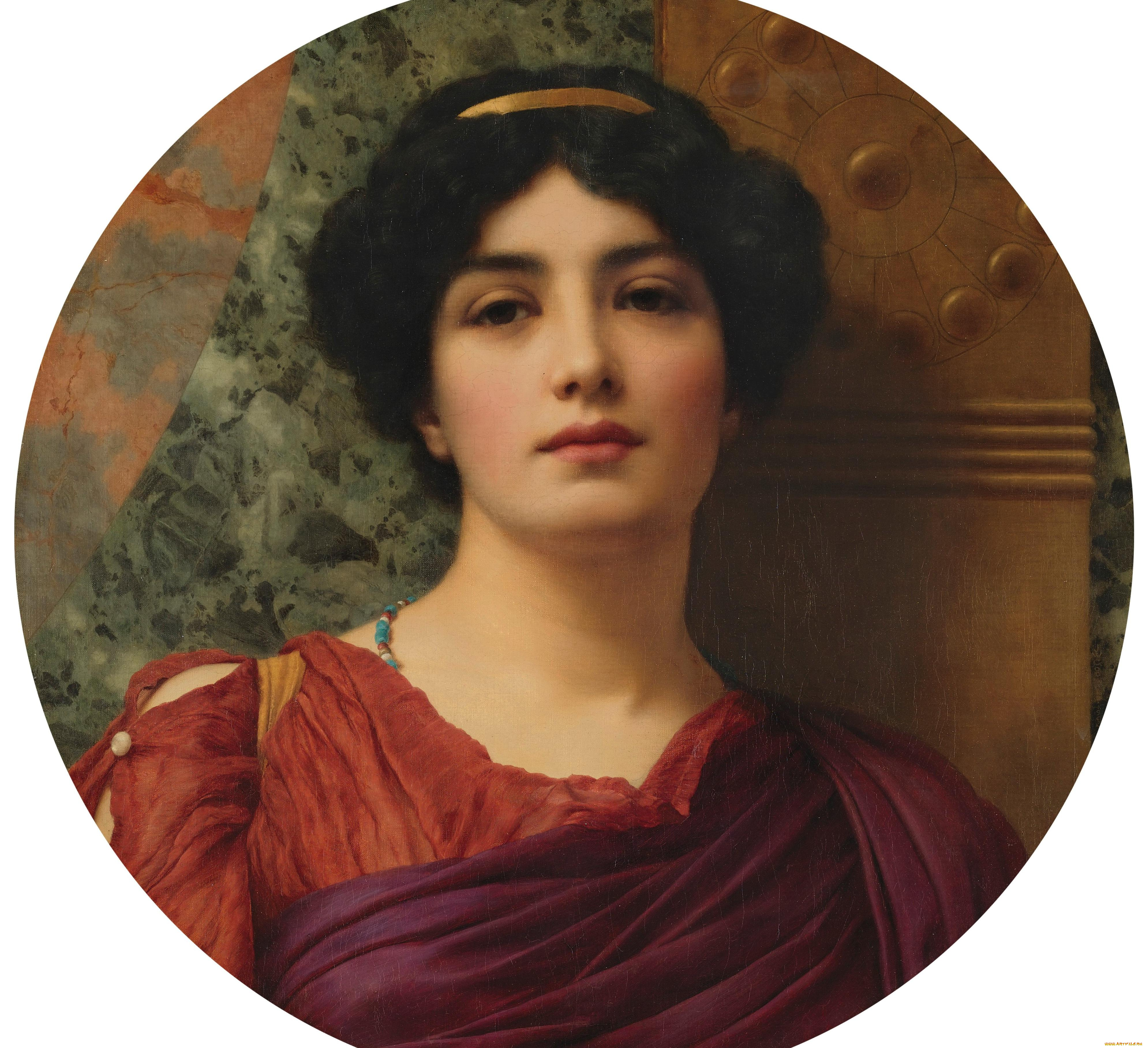 созерцание, рисованное, john, william, godward, женщина, портрет