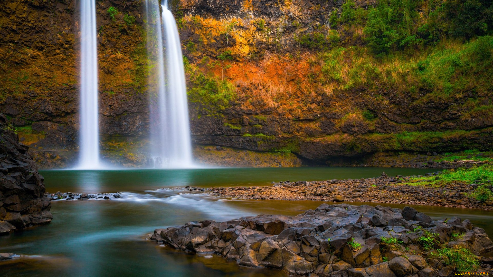 wailua, falls, kauai, island, hawaii, природа, водопады, wailua, falls, kauai, island