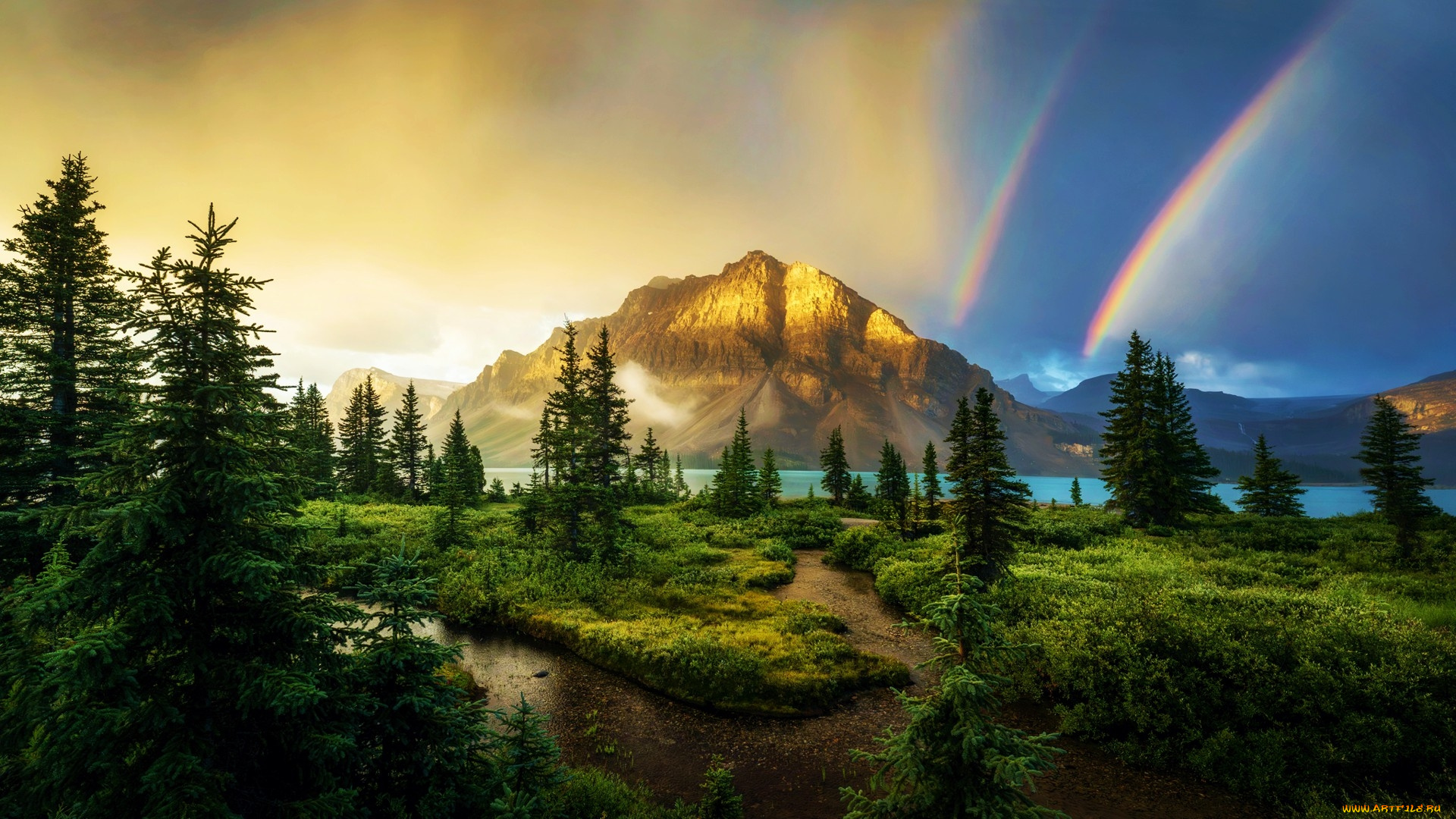 double, rainbow, over, crowfoot, mt, banff, national, park, alberta, природа, радуга, double, rainbow, over, crowfoot, mt, banff, national, park