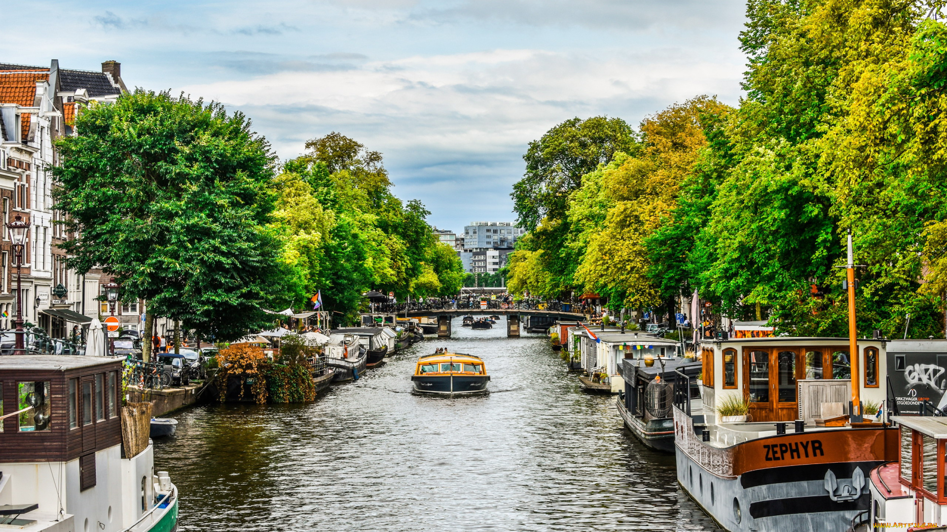 города, амстердам, , нидерланды, канал, мосты, лодки