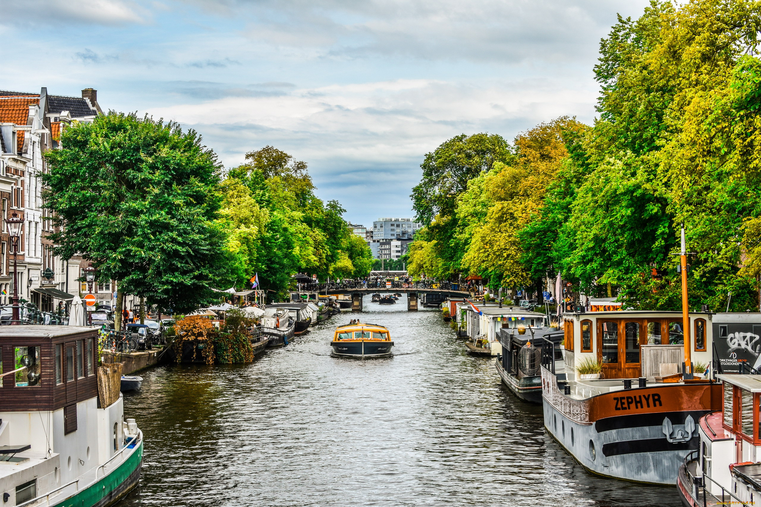 города, амстердам, , нидерланды, канал, мосты, лодки