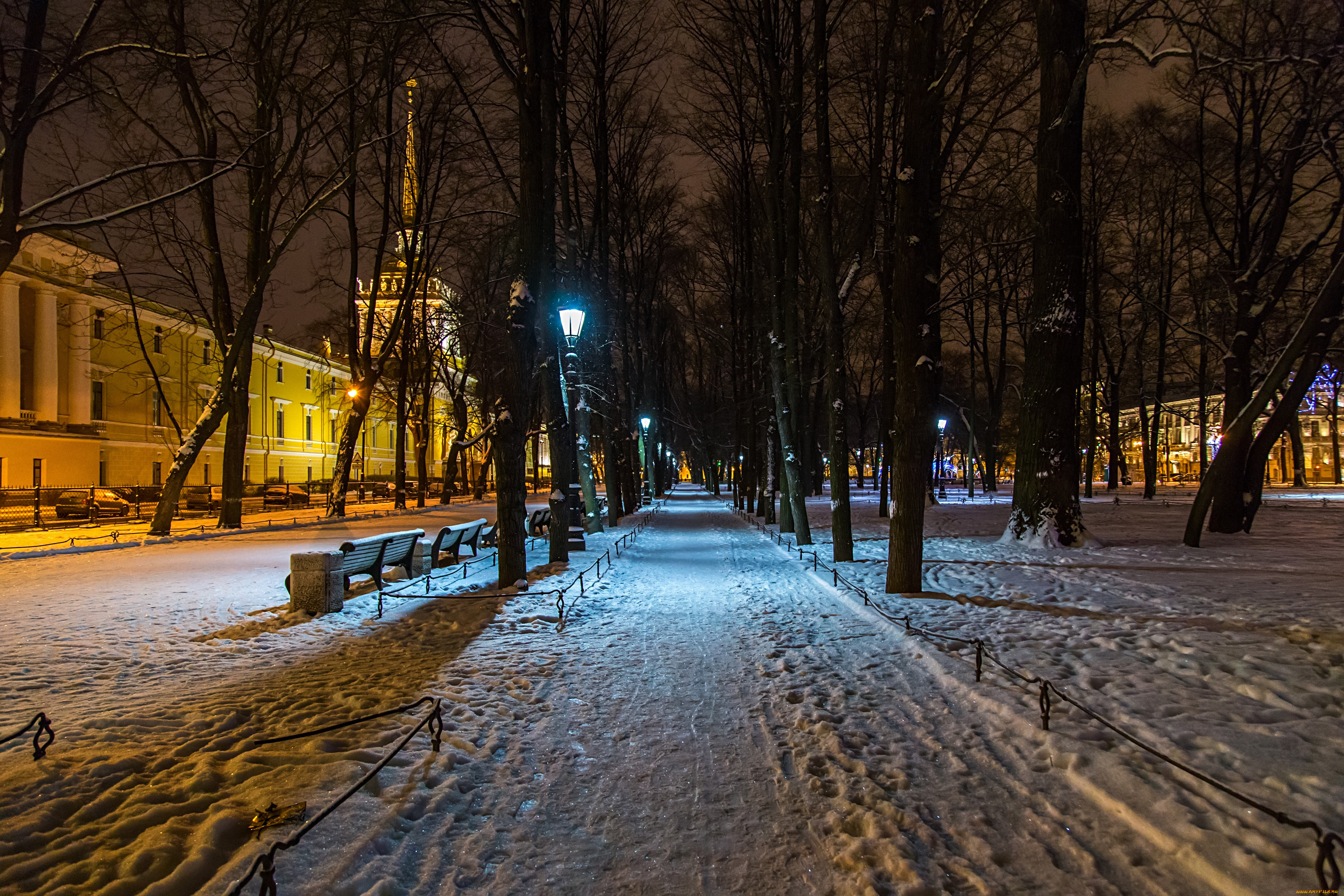 города, санкт-петербург, , петергоф, , россия, александровский, сад, санкт, петербург, зима, парк, дома, снег, ночь, деревья