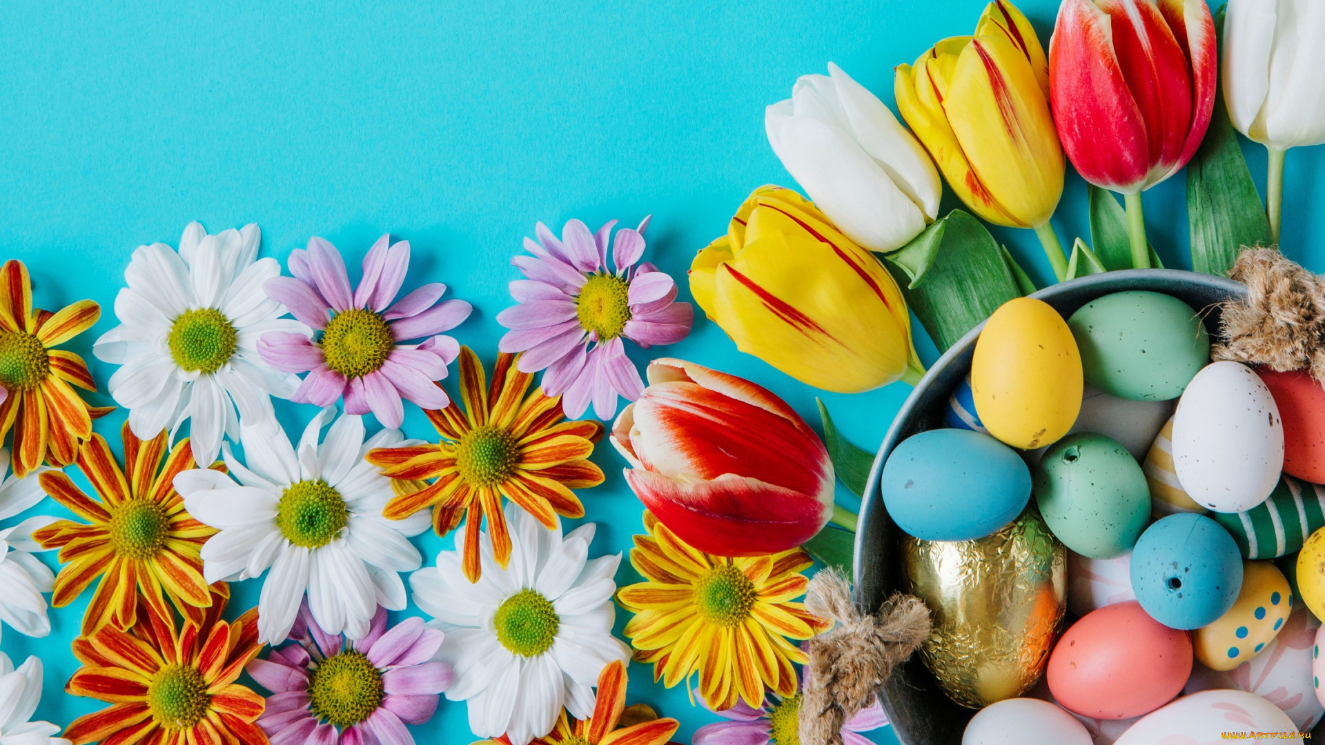 праздничные, пасха, хризантемы, цветы, tulips, тюльпаны, easter, ромашки, happy, colorful, eggs, flowers, яйца, крашеные, spring, decoration, весна