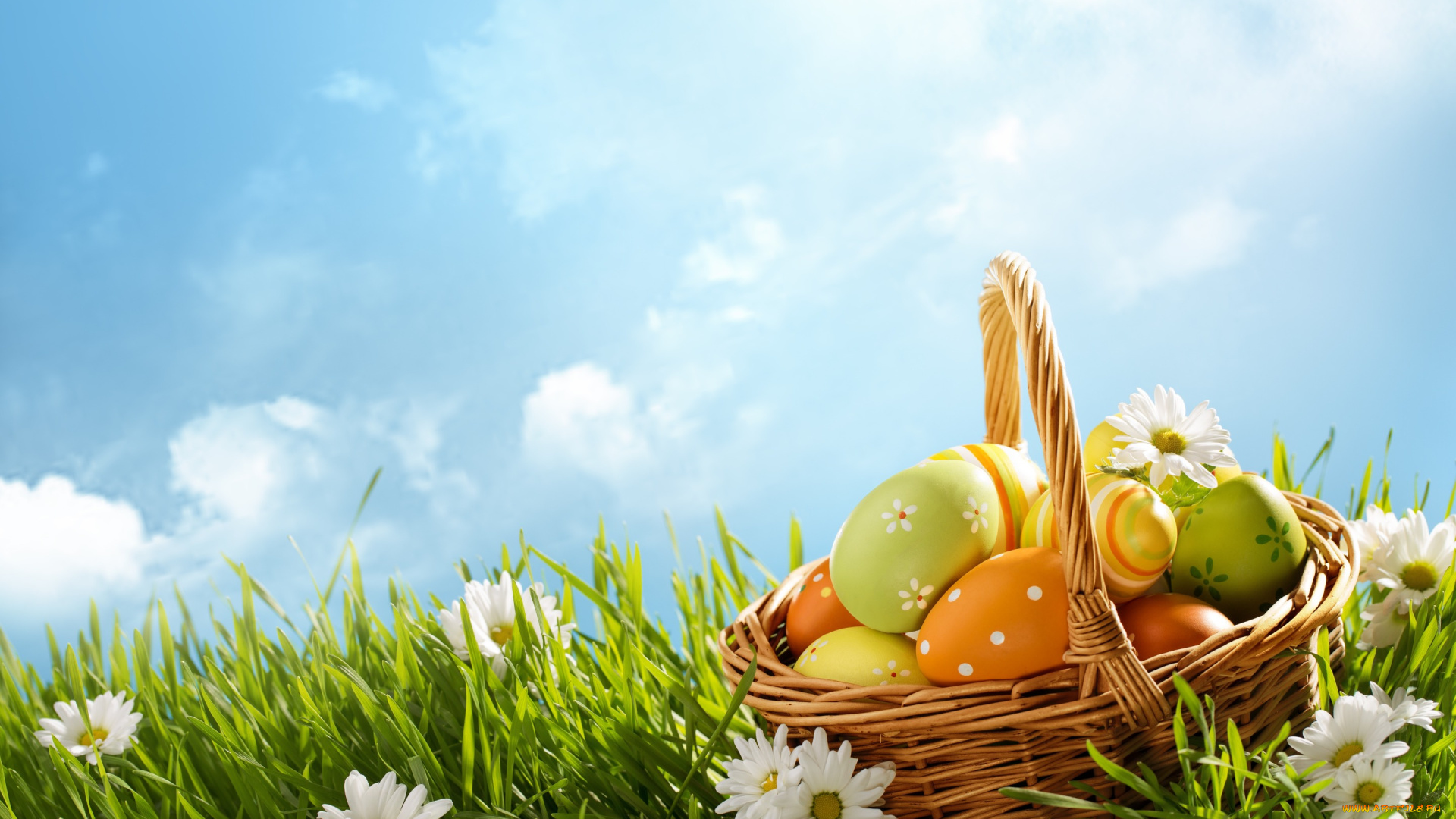 праздничные, пасха, весна, корзина, небо, decoration, ромашки, easter, трава, flowers, happy, яйца, крашеные, eggs, spring, солнце, цветы