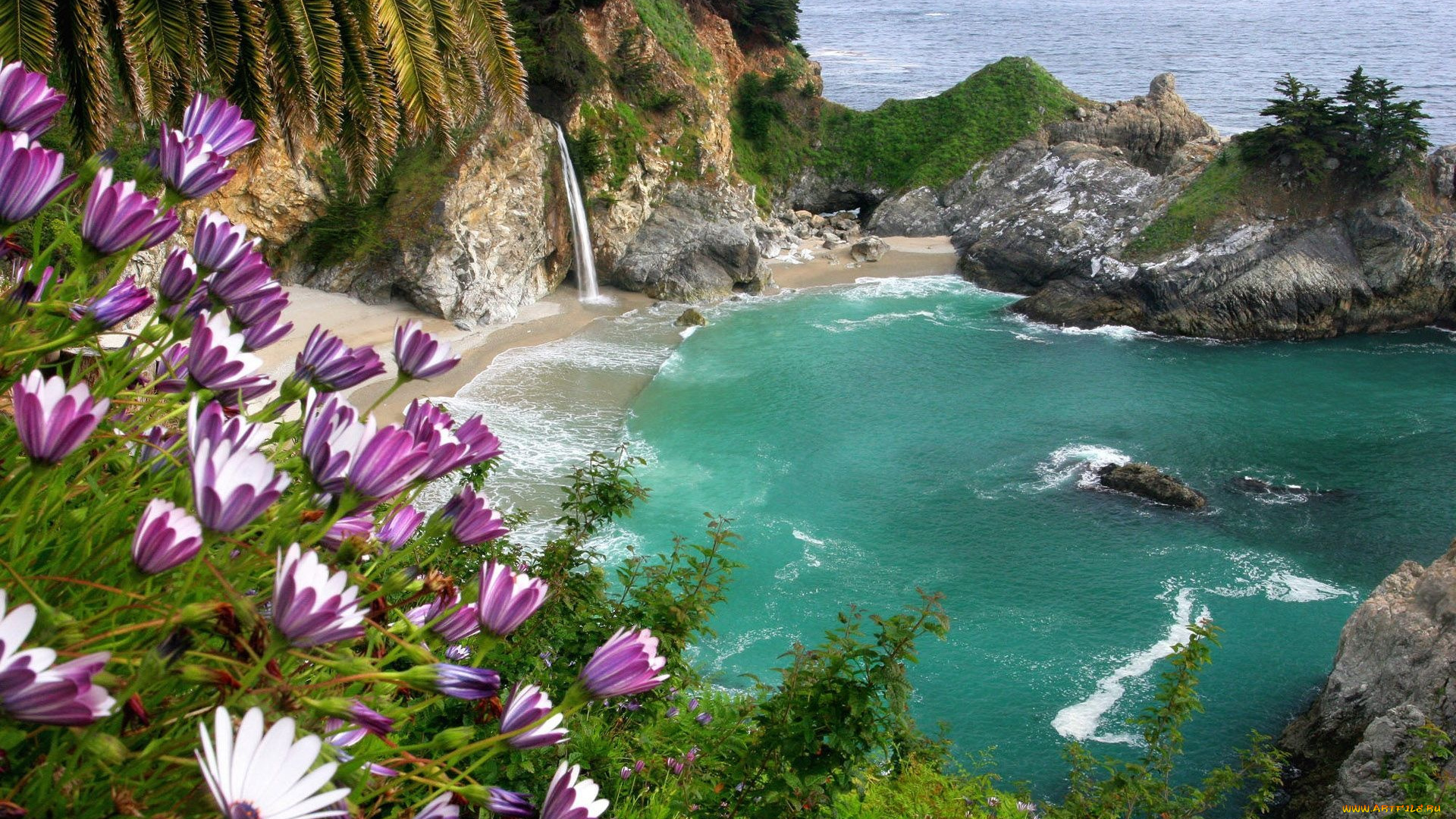 природа, побережье, волны, море, пляж, гора, цветы, водапад, зелень