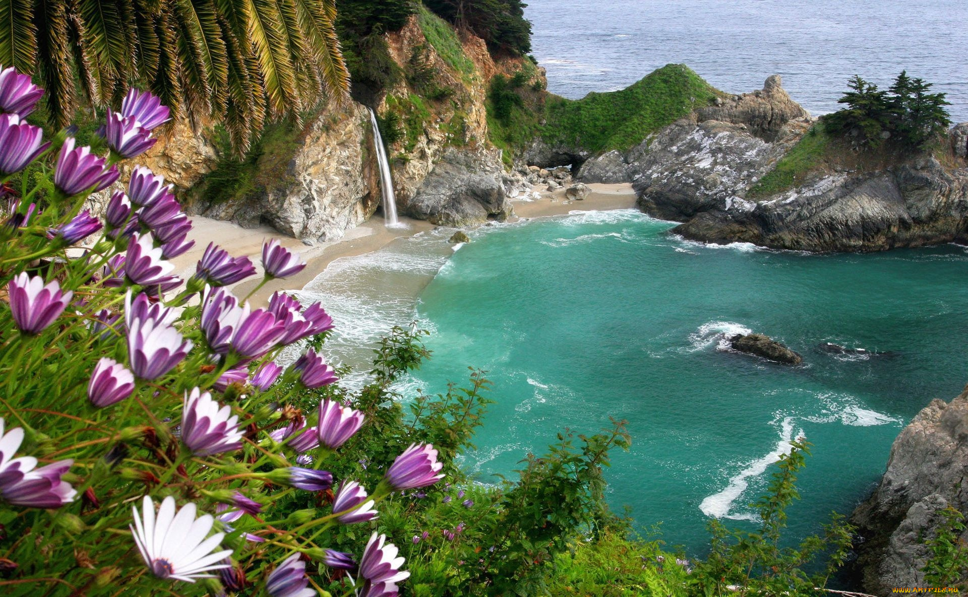 природа, побережье, волны, море, пляж, гора, цветы, водапад, зелень