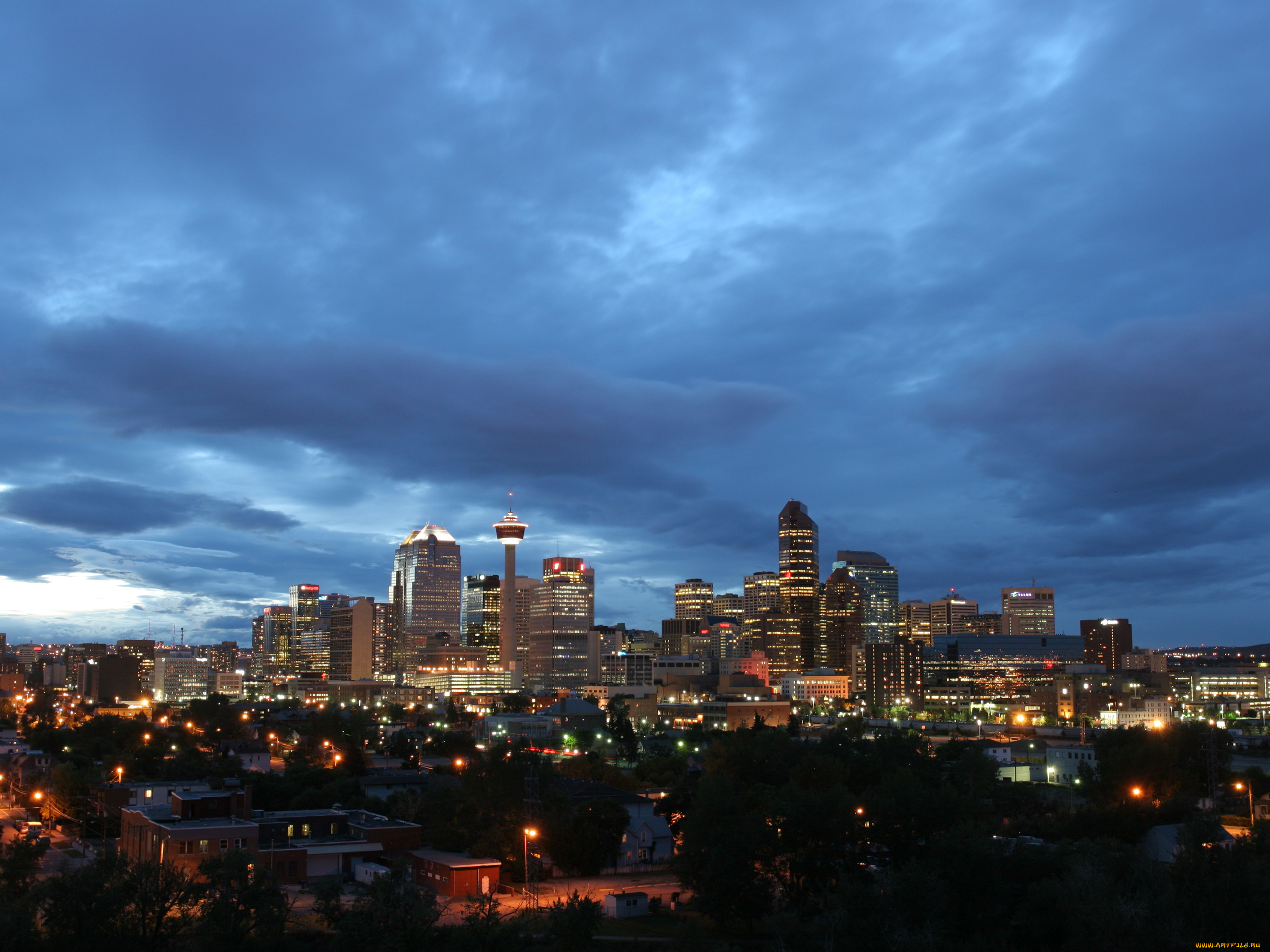 города, огни, ночного, канада, calgary